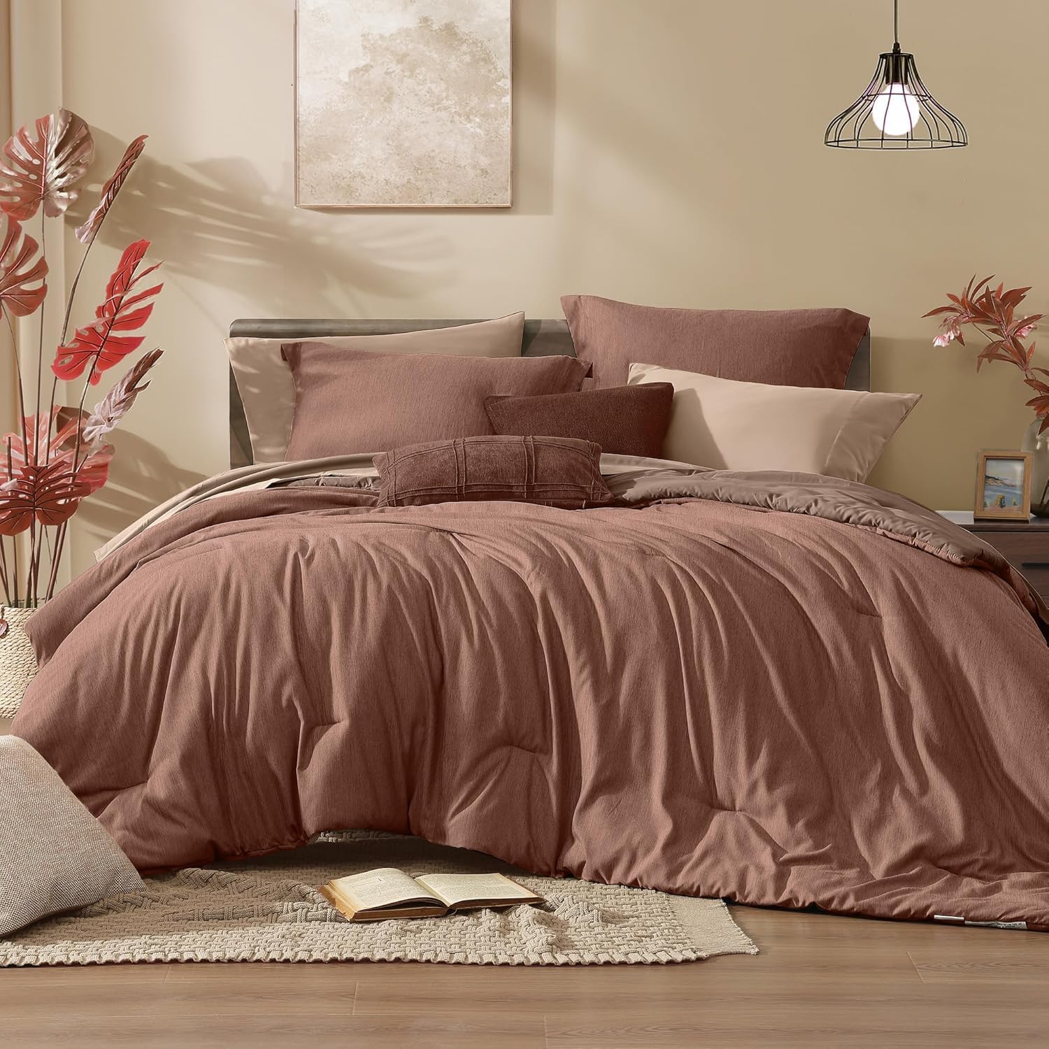 Monbix King Size Comforter Set, Olive Green King Bed Set Reversible, King Size Comforter Set 7 Pieces, Cationic Dyeing Bed in a Bag with Comforter