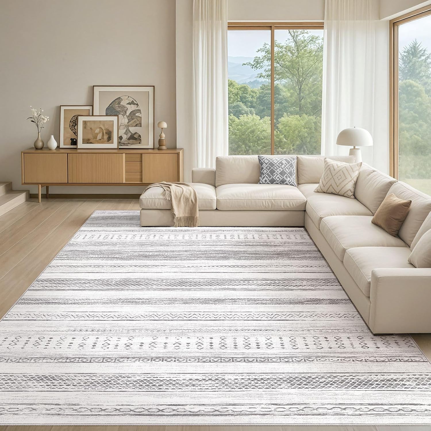 Tortania Area Rug Living Room Rugs - 10x12 Washable Large Soft Neutral Boho Moroccan Bohemian Farmhouse Rug Indoor Floor Carpet for Bedroom Under