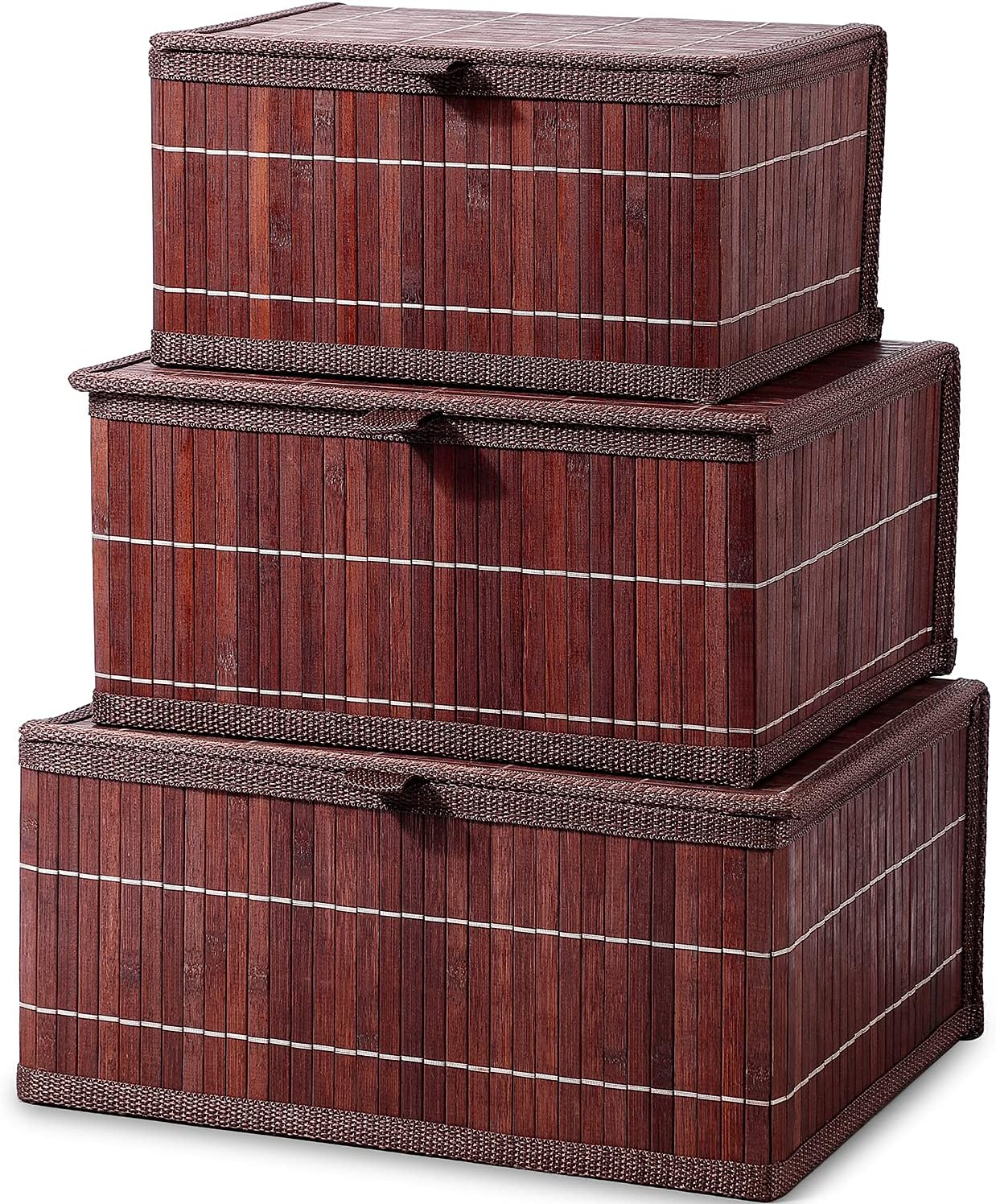 Honygebia Bamboo Decorative Storage Boxes - Set of 3 Woven Lined Storage Basket with Lids