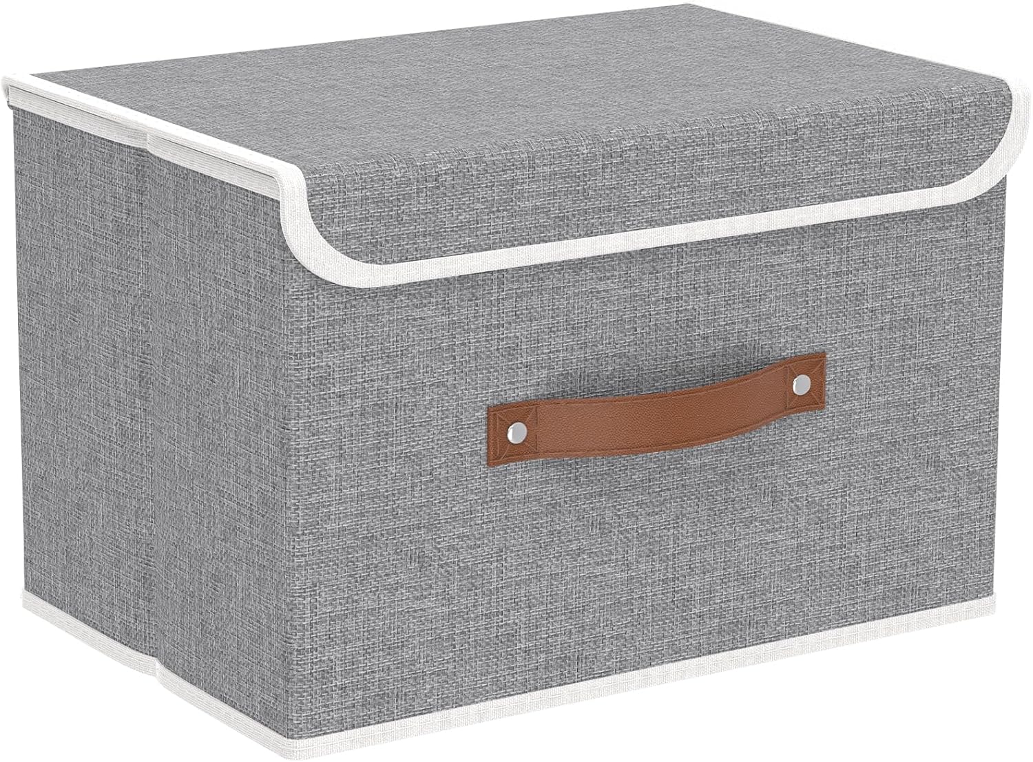 Yawinhe Storage Bins with Lids, Beige, 17.7x11.8x11.8in, 5-Pack, Fabric Container with Leather Handle, Washable Home Basket