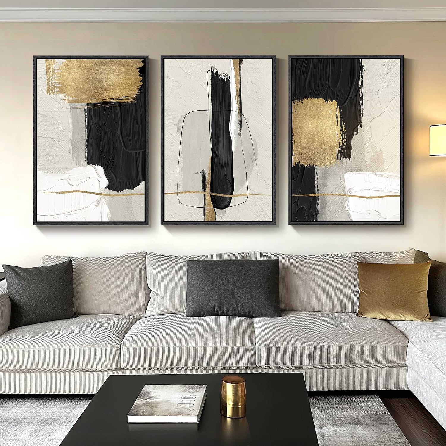 Large Framed Boho Modern Neutral Abstract Wall Art for Living Room, 3 Piece Black and White Canvas Prints Paintings Artwork for Walls