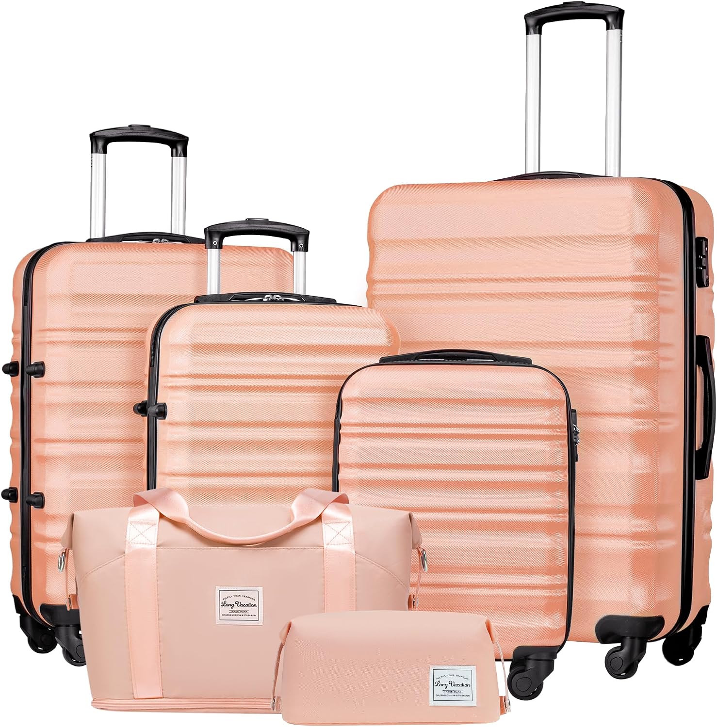 LONG VACATION 6 Piece Luggage Set Carry on Suitcase with ABS+PC hardshell, Spinner Wheels and YKK Zipper TSA Lock (BEIGE-BROWN, 6 piece set)