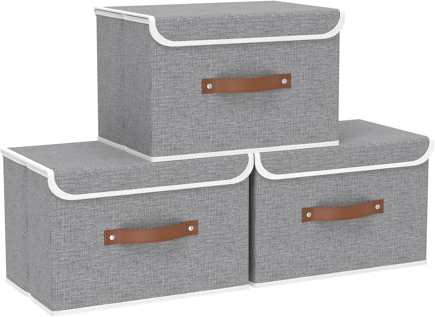 Yawinhe Storage Bins with Lids, Beige, 17.7x11.8x11.8in, 5-Pack, Fabric Container with Leather Handle, Washable Home Basket