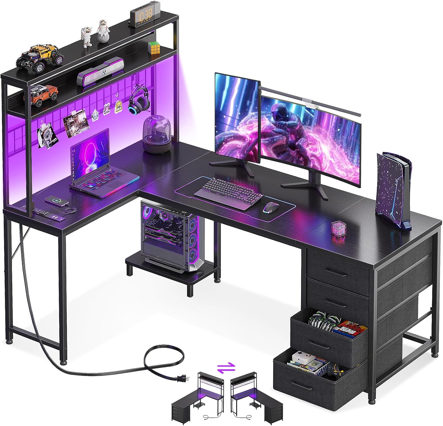 AODK L Shaped Desk Gaming Desk with LED Light and Power Outlet, 53 Inch Reversible L Shaped Computer Table with Shelf and Storage Bag and Hook for