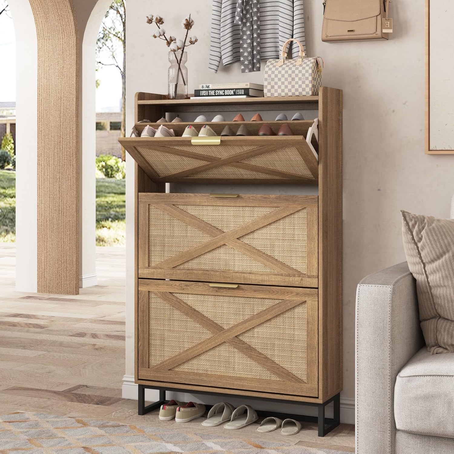 Maupvit Shoe Storage Cabinet with 2 Flip Drawers, Freestanding Shoe Organizer with Metal Legs for Entryway, Narrow Shoe Rack Cabinet, Rustic Brown