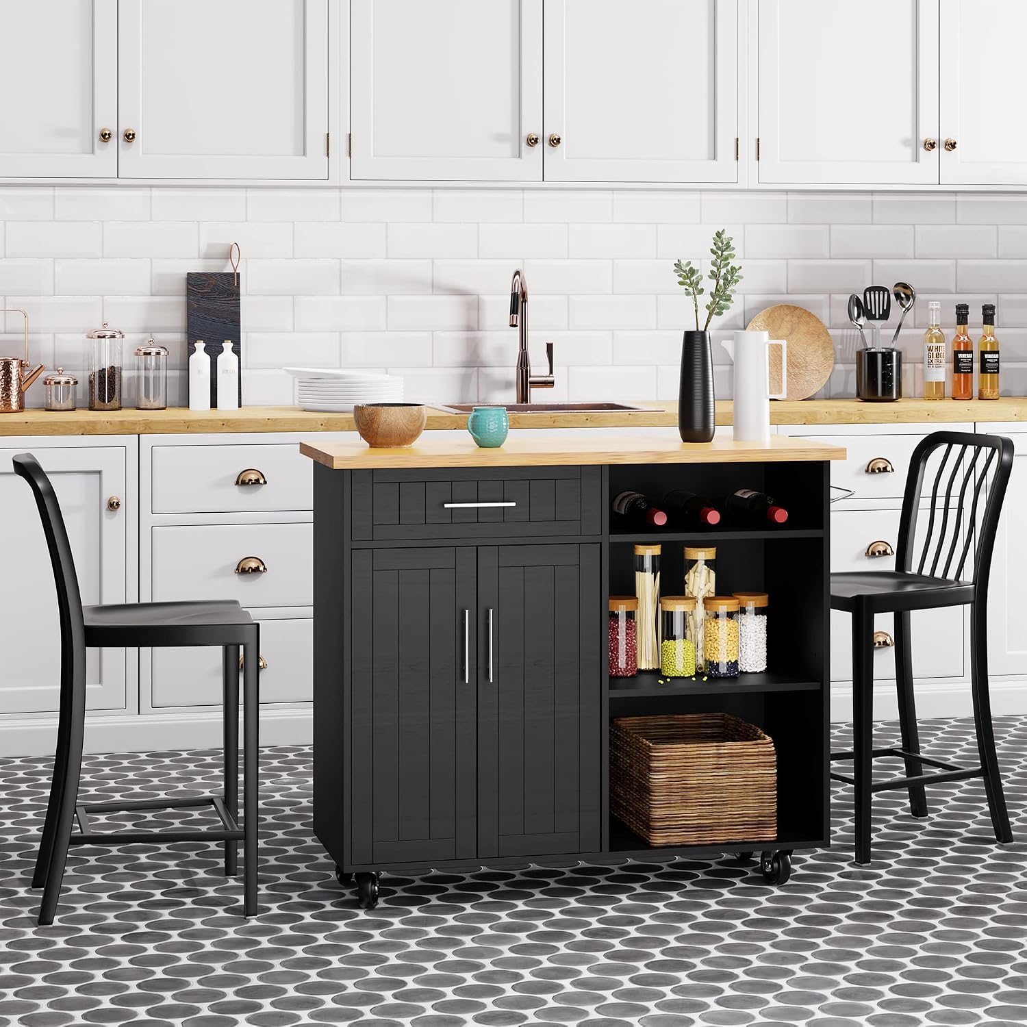 Shintenchi Kitchen Island cart with Storage, Portable Bar Cabinet on Wheels, Rolling Microwave Cart Side Table with Workstation for Kitchen, White
