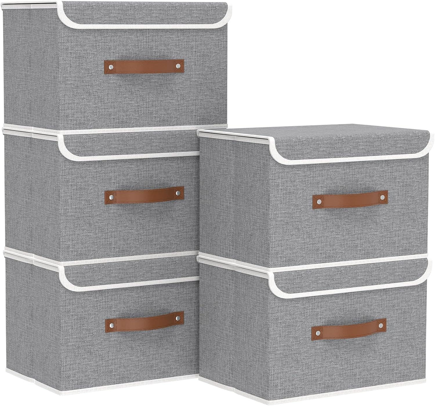 Yawinhe Collapsible Storage Boxes, Linen Fabric Baskets, Bin with lid and Leather Handle, Washable, for Home, Closet, Beige, 17.7''Lx11.8''Wx11.8''H