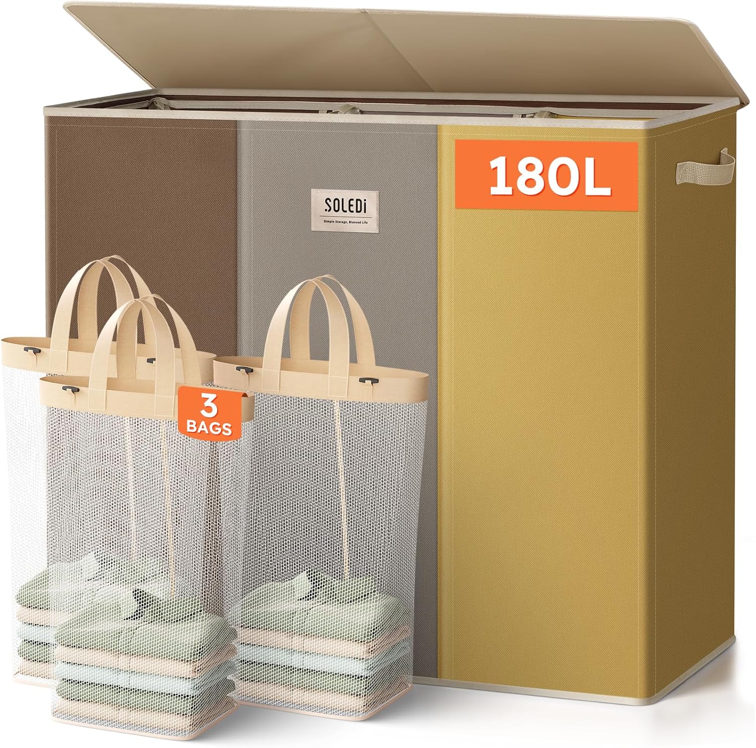 SOLEDI 180L Laundry Hamper 3 Section, Extra Large Laundry Hamper with Lid, Dirty Clothes Hamper with Sturdy Handle