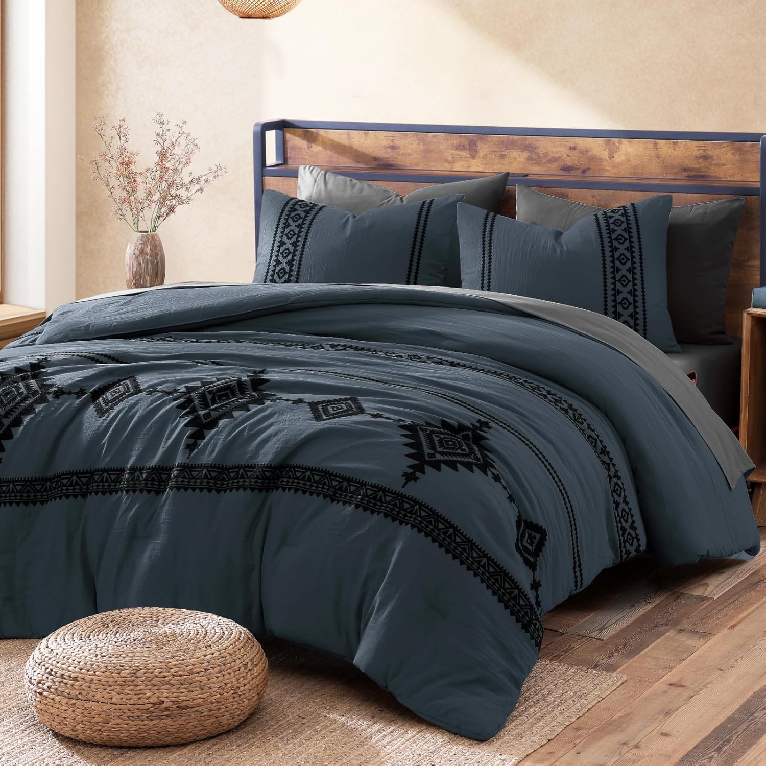 MaiRêve Embroidery Comforter Set Queen Size - 7 Piece, White Boho Western Bedding All Season Bed in A Bag, Farmhouse Queen Comforter Set with Sheets