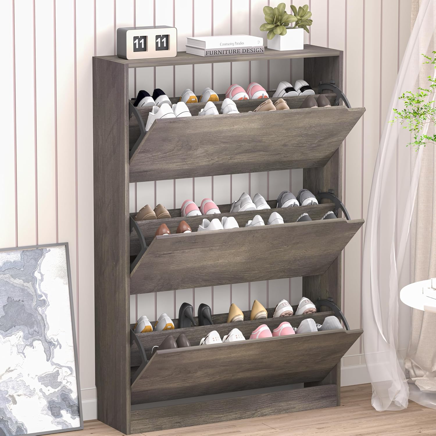 BORNOON Shoe Cabinet with Odor Control and Back Panels, Deodorizing Slim 3-Flip Shoe Storage Cabinet for Entryway