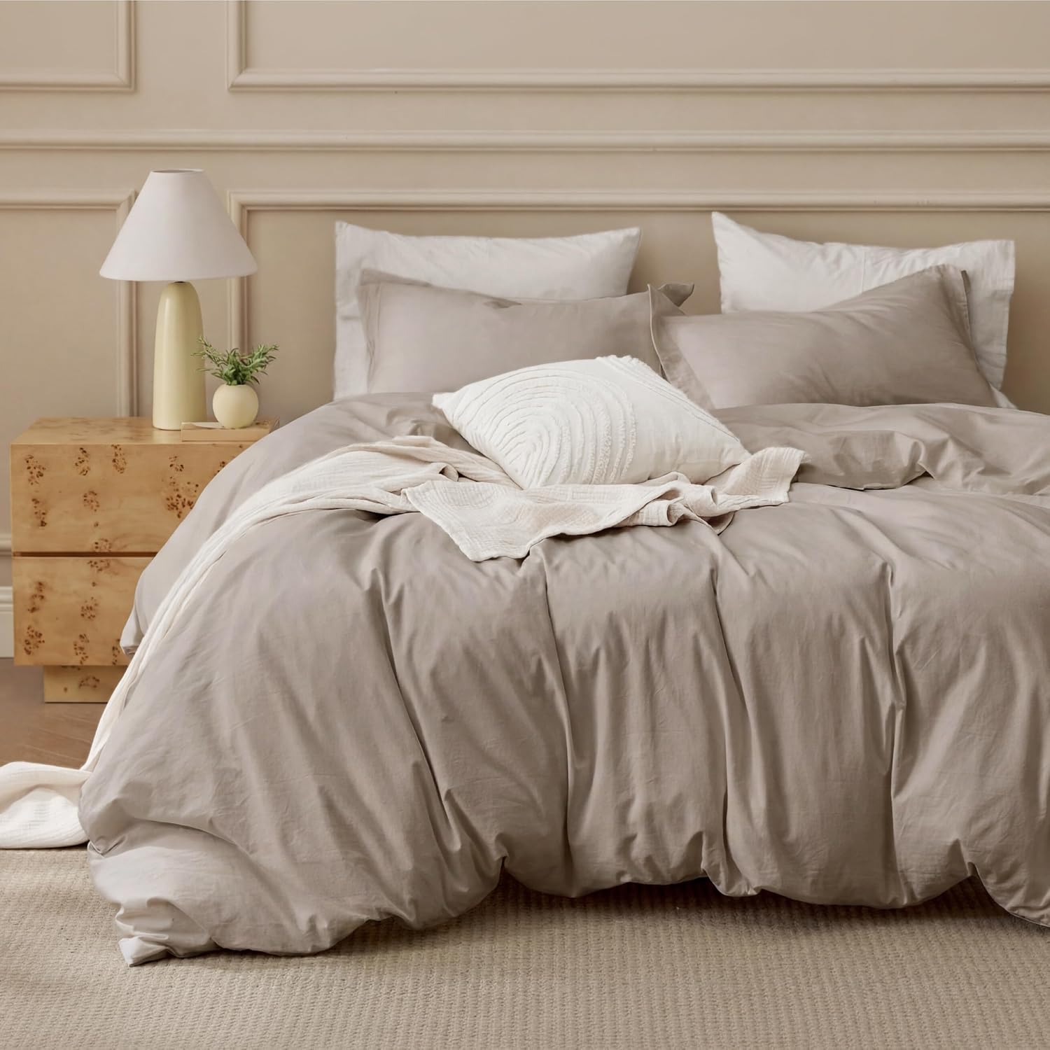Bedsure 100% Washed Cotton Duvet Cover King Size - Sage Green Minimalist Bedding Set Linen Like - PureWoven Plain Simple and Soft Comforter Cover for