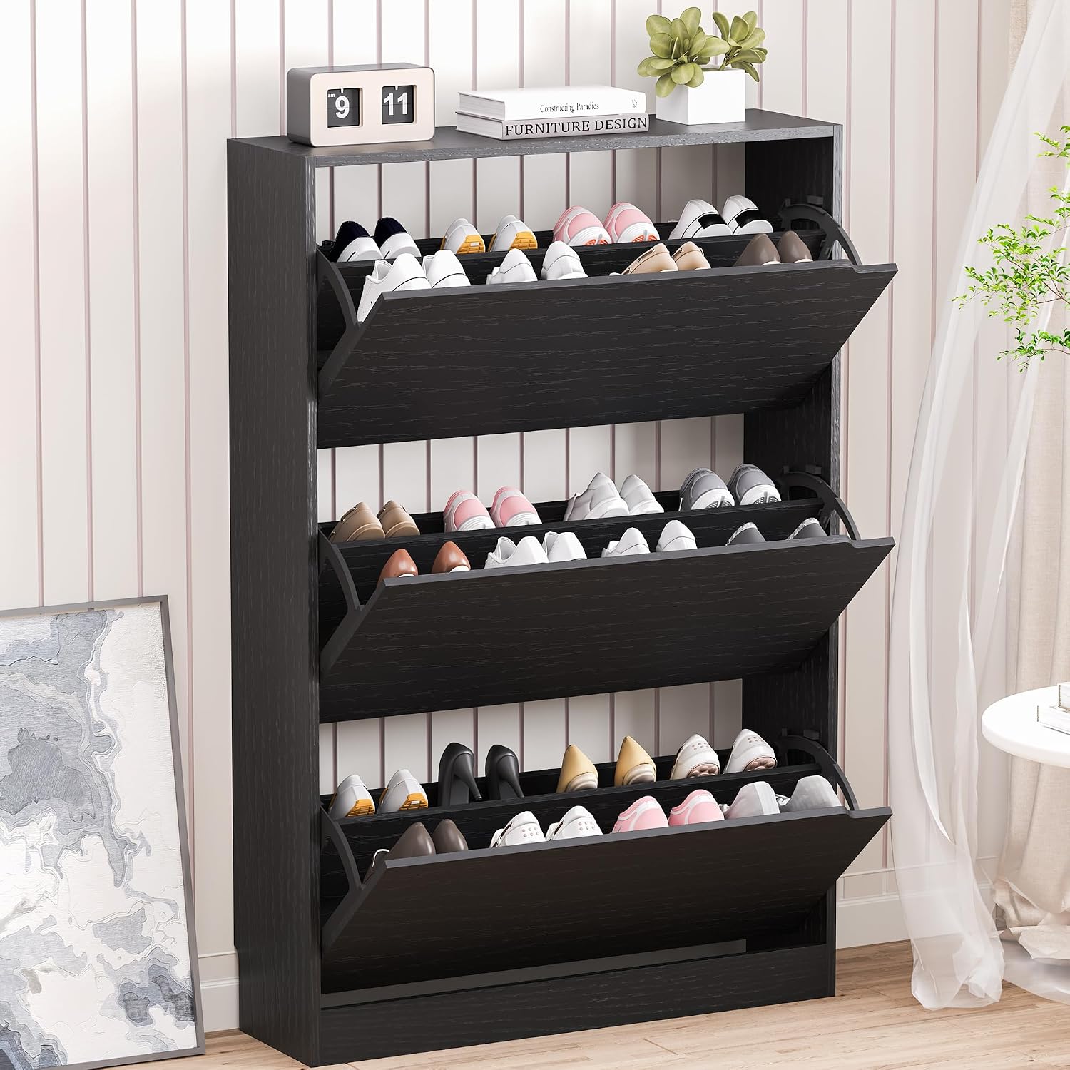 BORNOON Shoe Cabinet with 3 Flip Drawers, Hidden Wood Shoe Cabinet, Freestanding Shoe Storage Cabinet for Entryway Hallway.White. 47.2" H*31.5" W*9