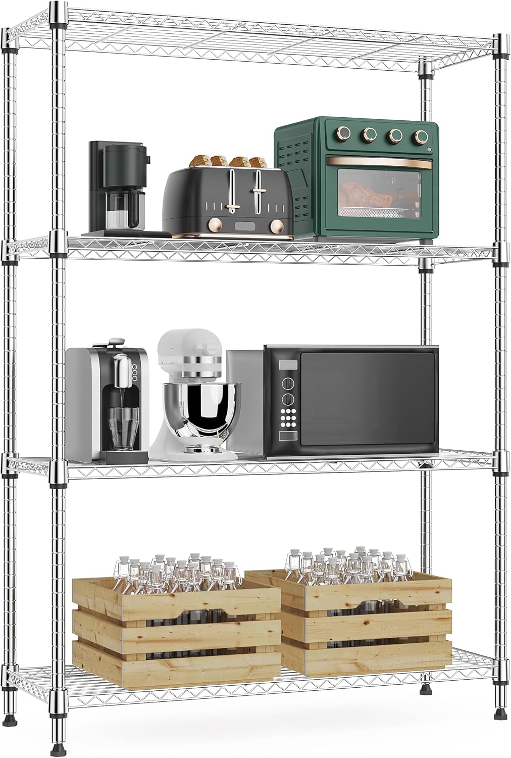 M MZG 5-Shelf Storage Shelves, Wire Shelving Heavy Duty Metal Storage Shelving Unit Adjustable Garage Shelving Rack Pantry Kitchen (Chrome, 4 Tier