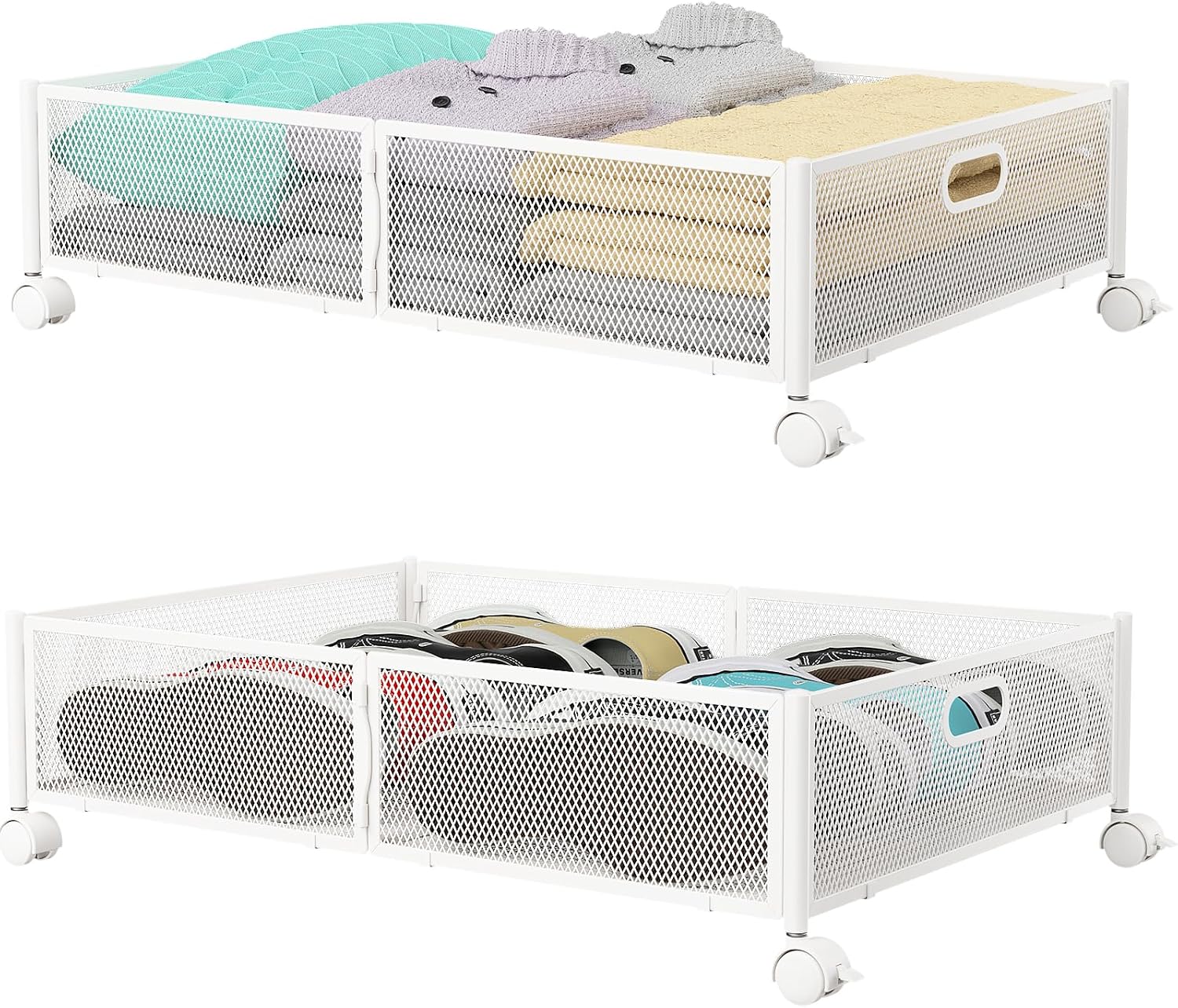 Under Bed Stroage Container with wheels, Patterned, Metal, 2 Pack, Black, Tool-free assembly, glide smoothly, easy reach, foldable
