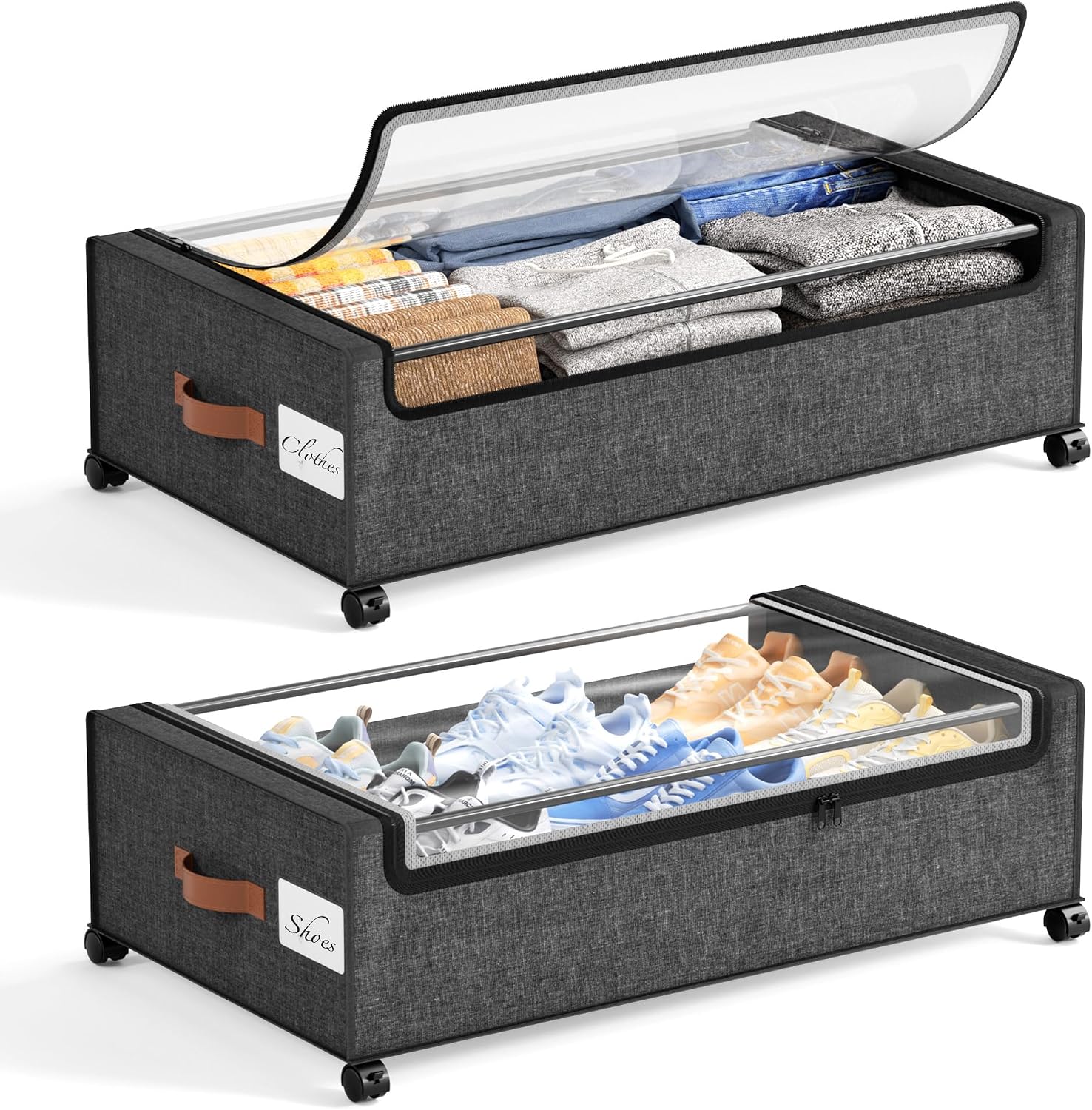 Yecaye Under Bed Storage with Wheels, 2Pack Under Bed Storage Containers, Underbed Shoe Storage Organizer, Rolling Under Bed Metal Drawers for Clothes
