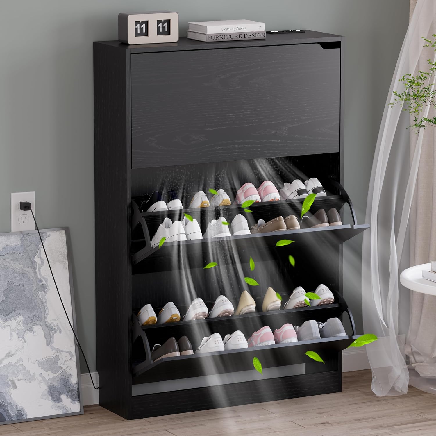 BORNOON Shoe Cabinet with Odor Control and Back Panels, Deodorizing Slim 3-Flip Shoe Storage Cabinet for Entryway
