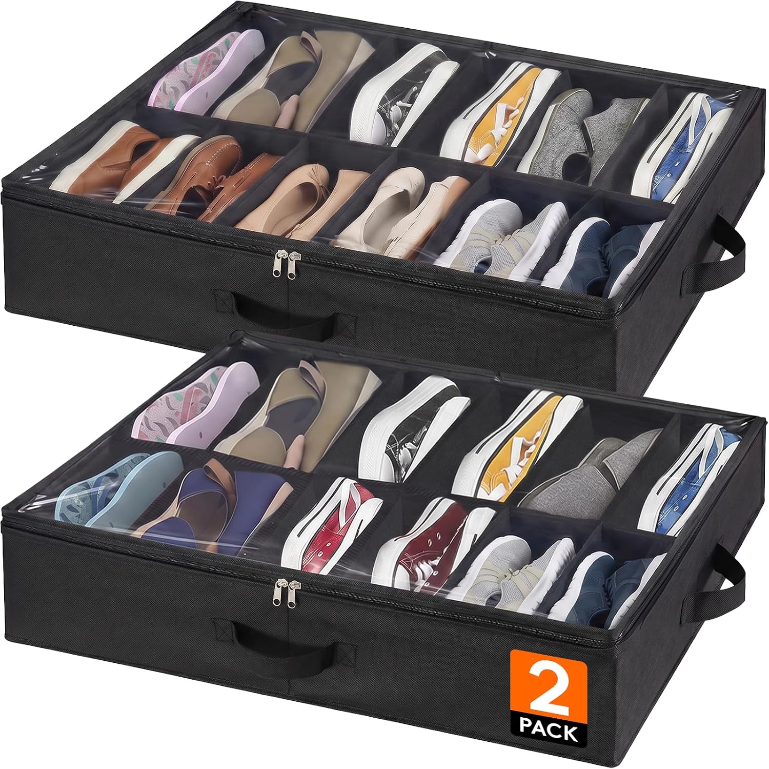 Lifewit Under Bed Shoe Storage Organizer 4 Pack(16 Shoes Cells), 4.3 Inches Profile Fabric Shoes Container Box with Clear Cover