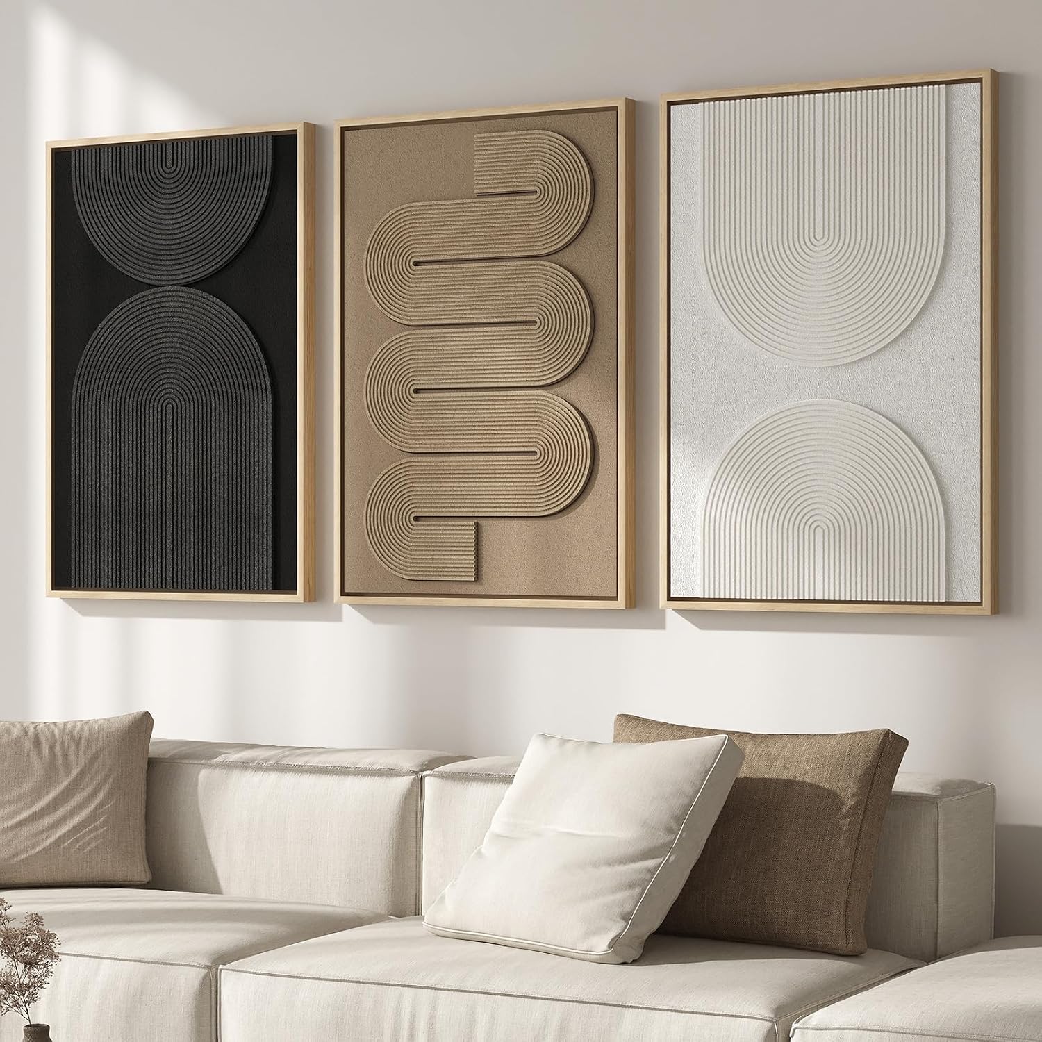 Large 3D Textured Framed Boho Modern Neutral Abstract Wall Art for Living Room, 3 Piece Black White Brown Paintings Artwork for Walls