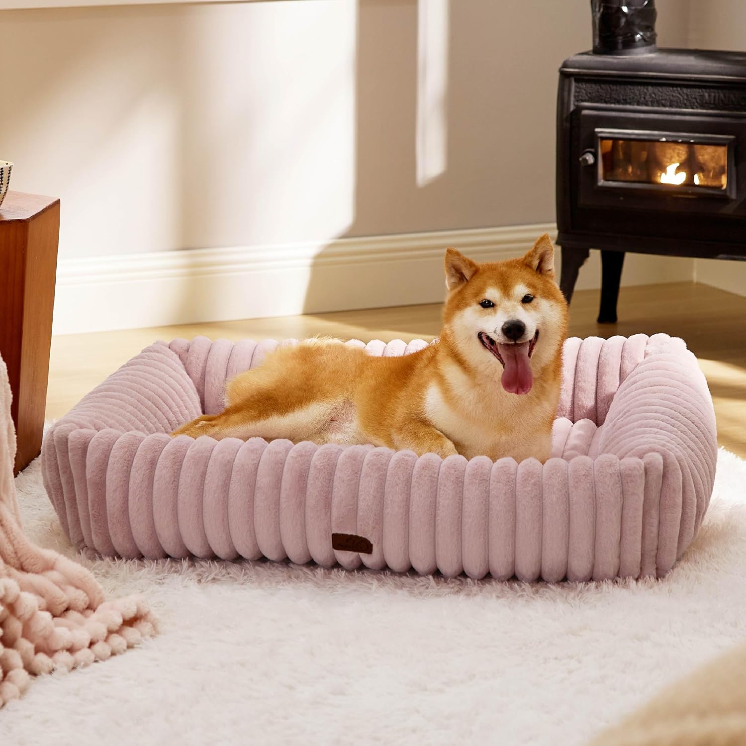 Bedsure ComfyFleece™ Cute Dog Beds Large Sized Dog Washable, 36in Blush Pink, Furry Big Square Pet Beds, Washable Aesthetic