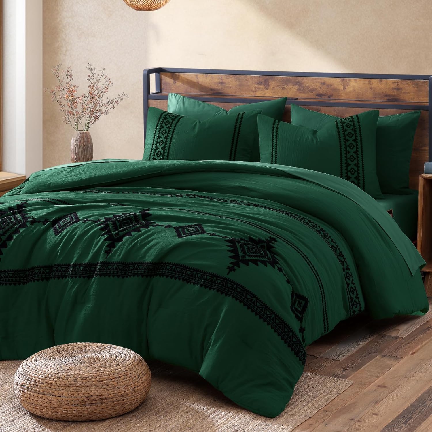 MaiRêve Embroidery Comforter Set Queen Size - 7 Piece, White Boho Western Bedding All Season Bed in A Bag, Farmhouse Queen Comforter Set with Sheets