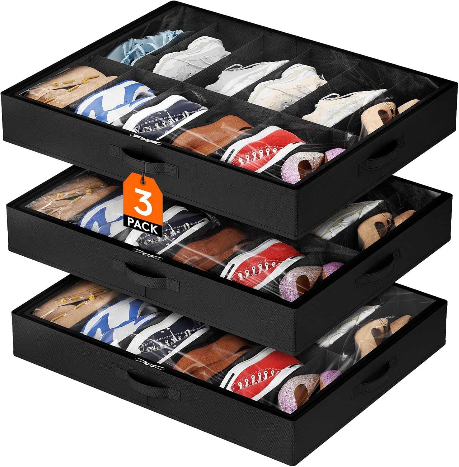 Lifewit Under Bed Shoe Storage Organizer 4 Pack(16 Shoes Cells), 4.3 Inches Profile Fabric Shoes Container Box with Clear Cover