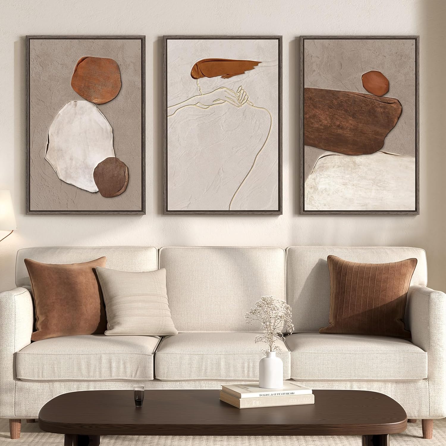 Large Framed Neutral Abstract Wall Art for Living Room, 3 Piece Modern Canvas Prints Paintings Artwork for Walls