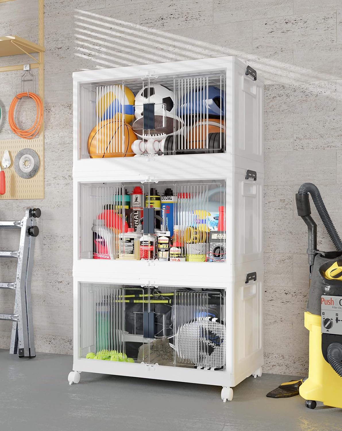 OlarHike 144QT Lockable Storage Bins with Lids - Folding Cabinet with Doors and Wheels, Collapsible Plastic Drawers for Dorm, Closets, Office