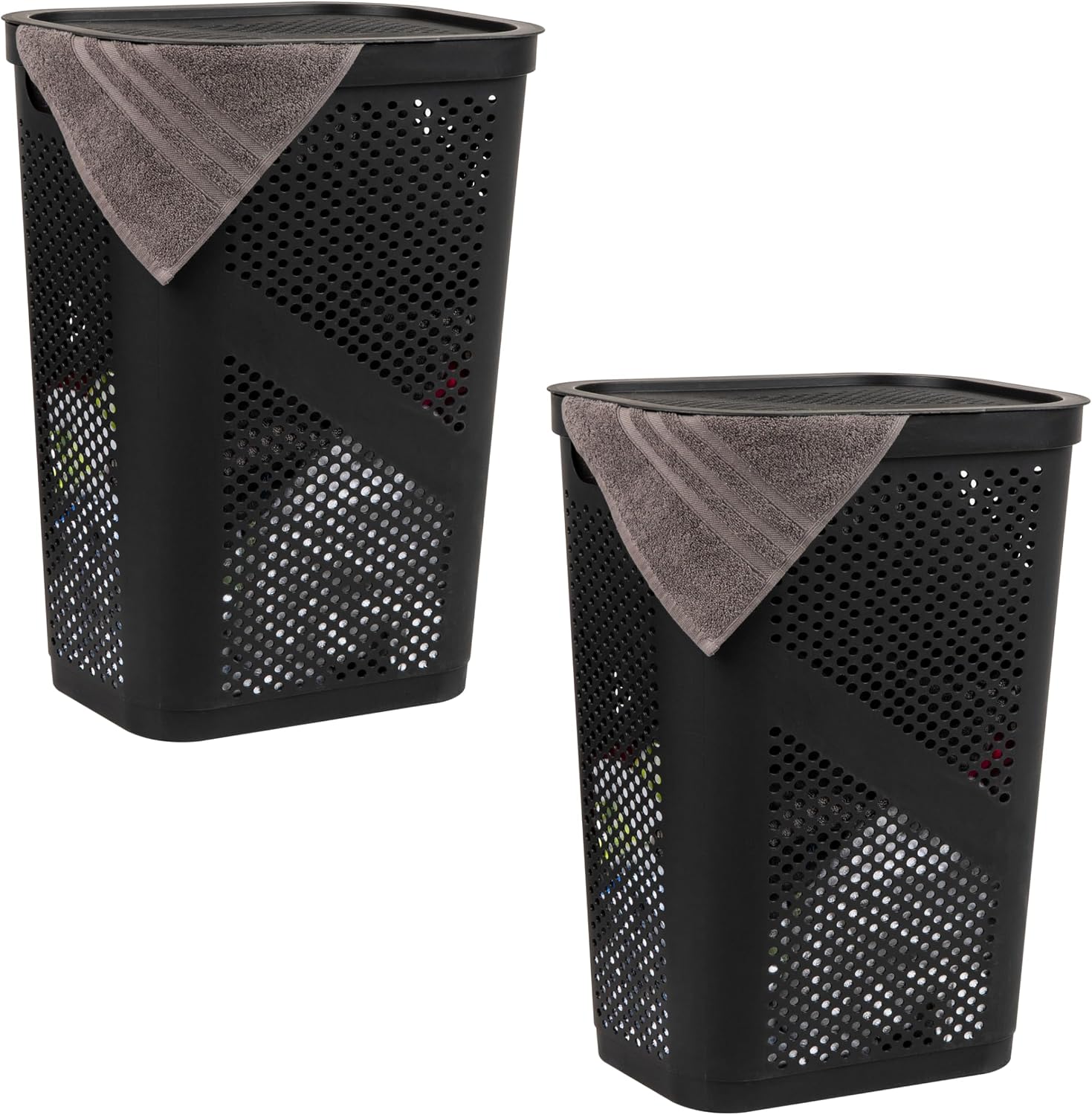 Mind Reader 60L Slim Laundry Hamper, Clothes Basket, Lid, Ventilated, Plastic, Set of 2, Tan