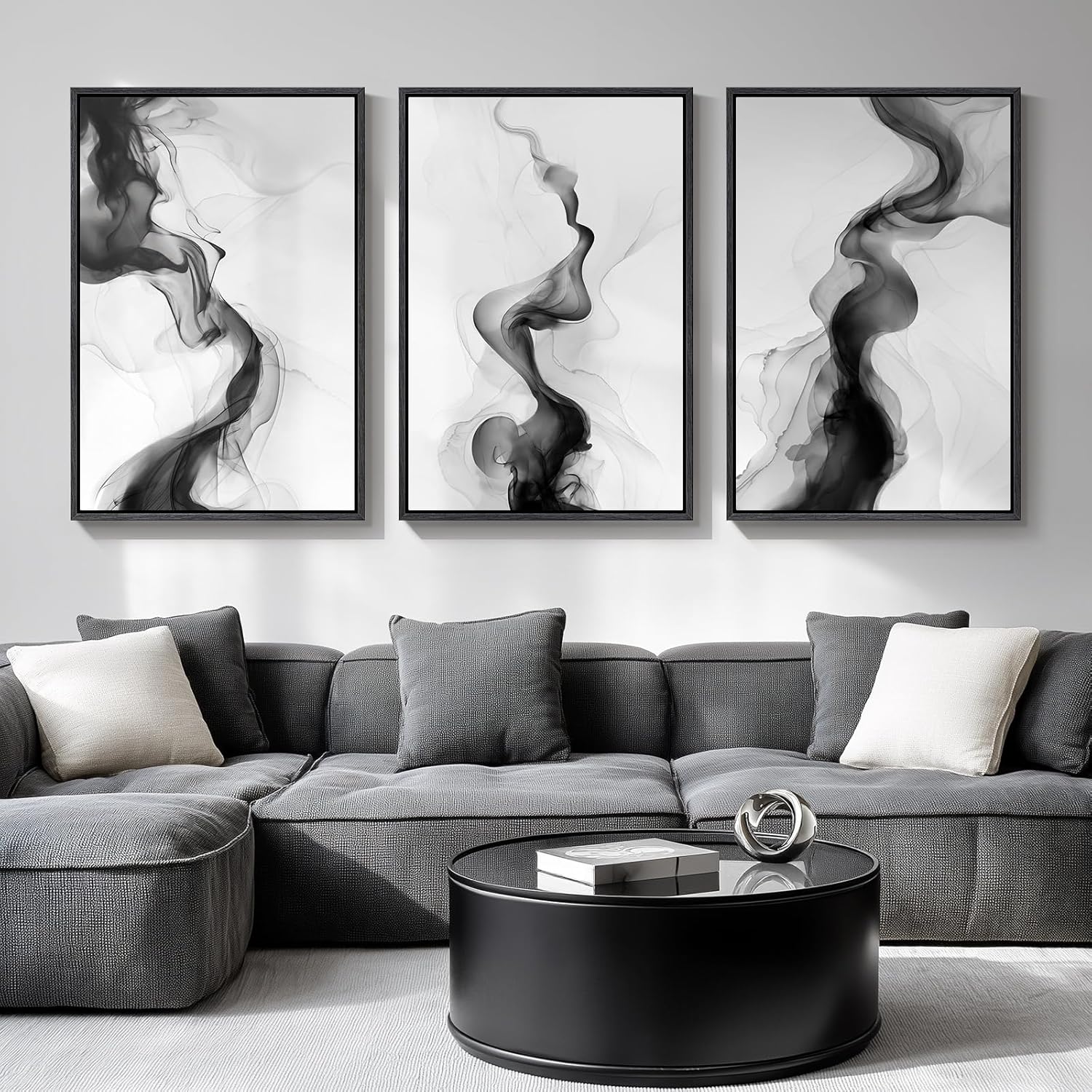 Large Framed Boho Modern Neutral Abstract Wall Art for Living Room, 3 Piece Black and White Canvas Prints Paintings Artwork for Walls