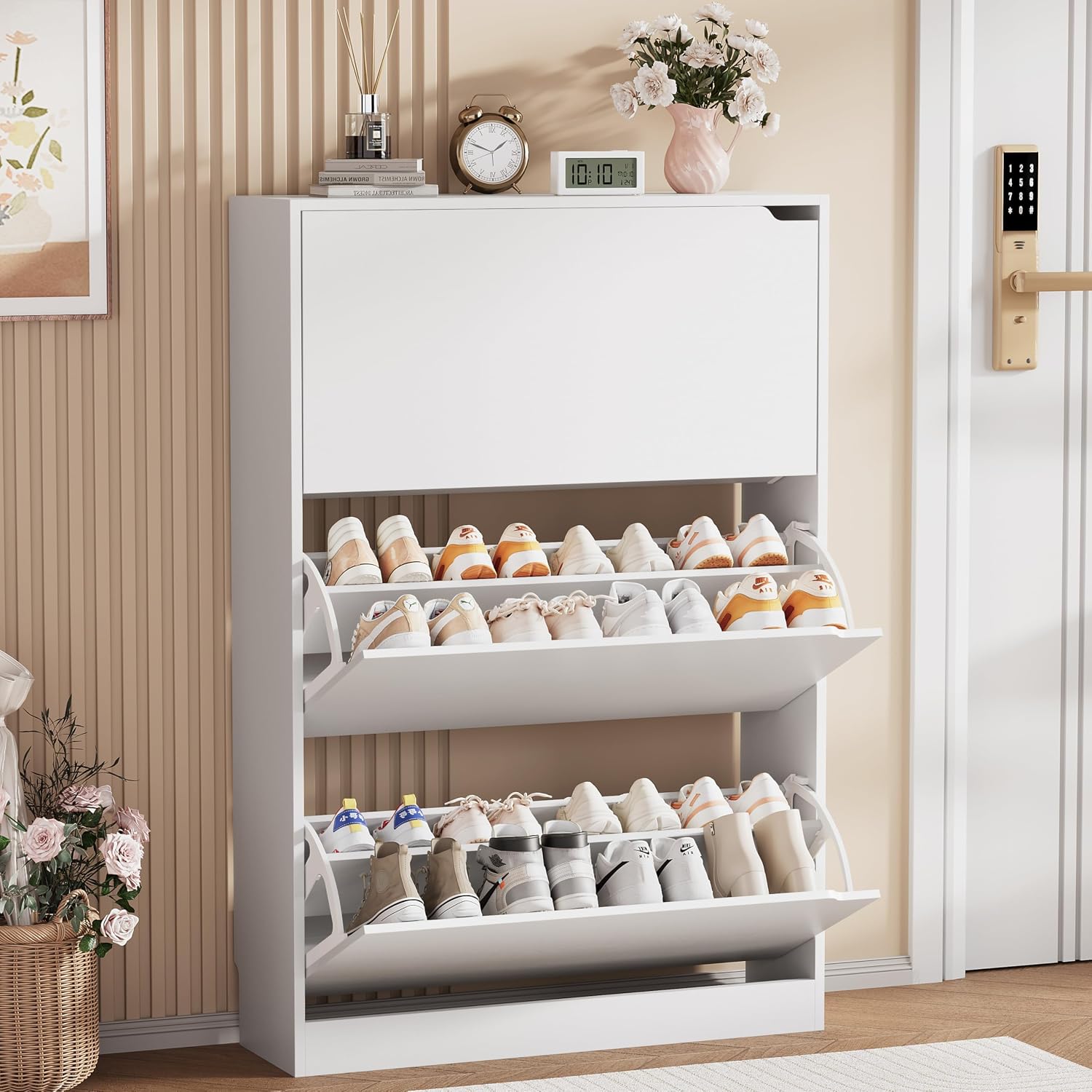 Shoe Storage Cabinet, Wood Shoe Organizer for Entryway with 3 Flip Drawers, Freestanding Shoe Rack with Adjustable Shelf