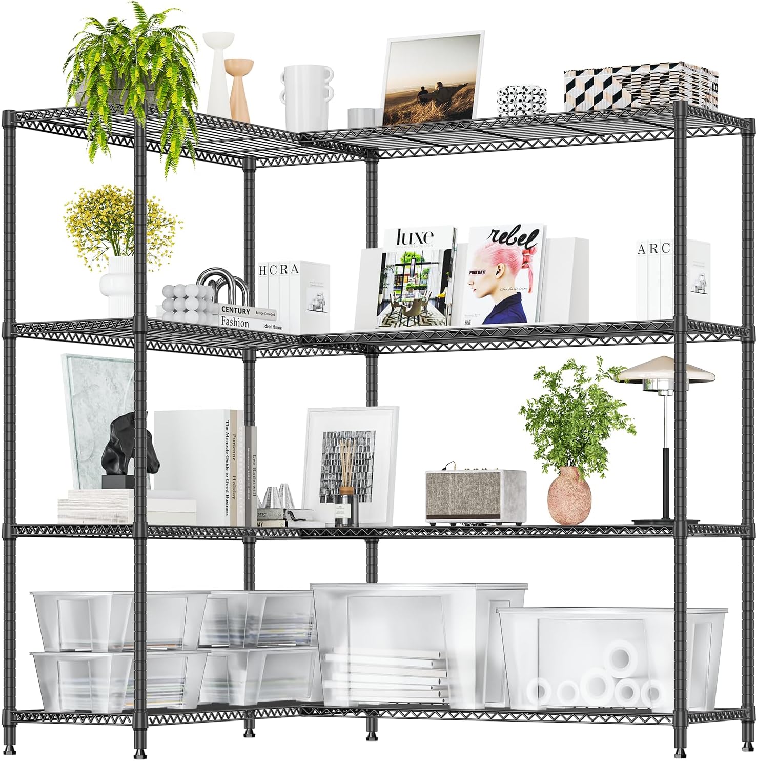 Garage Shelving Wide Storage Shelves 4 Tier Metal Shelves 3200 LBS Heavy Duty Adjustable Utility Shelf Rack Black 23.6" D x 53.1" W x 73.6" H