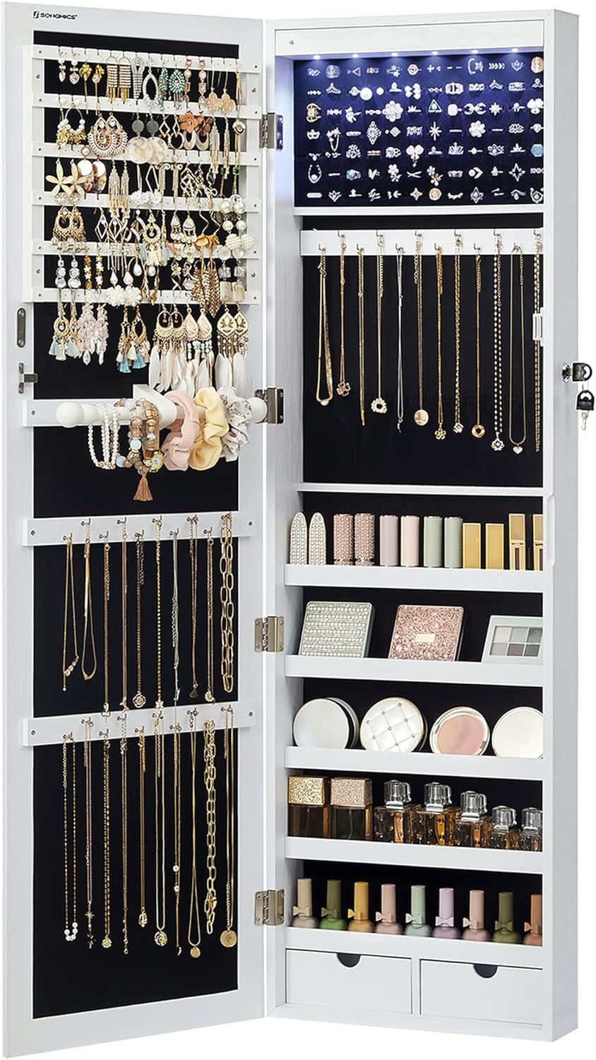 SONGMICS 6 LEDs Mirror Jewelry Cabinet, 47.2-Inch Tall Lockable Wall or Door Mounted Jewelry Armoire Organizer with Mirror, 2 Drawers