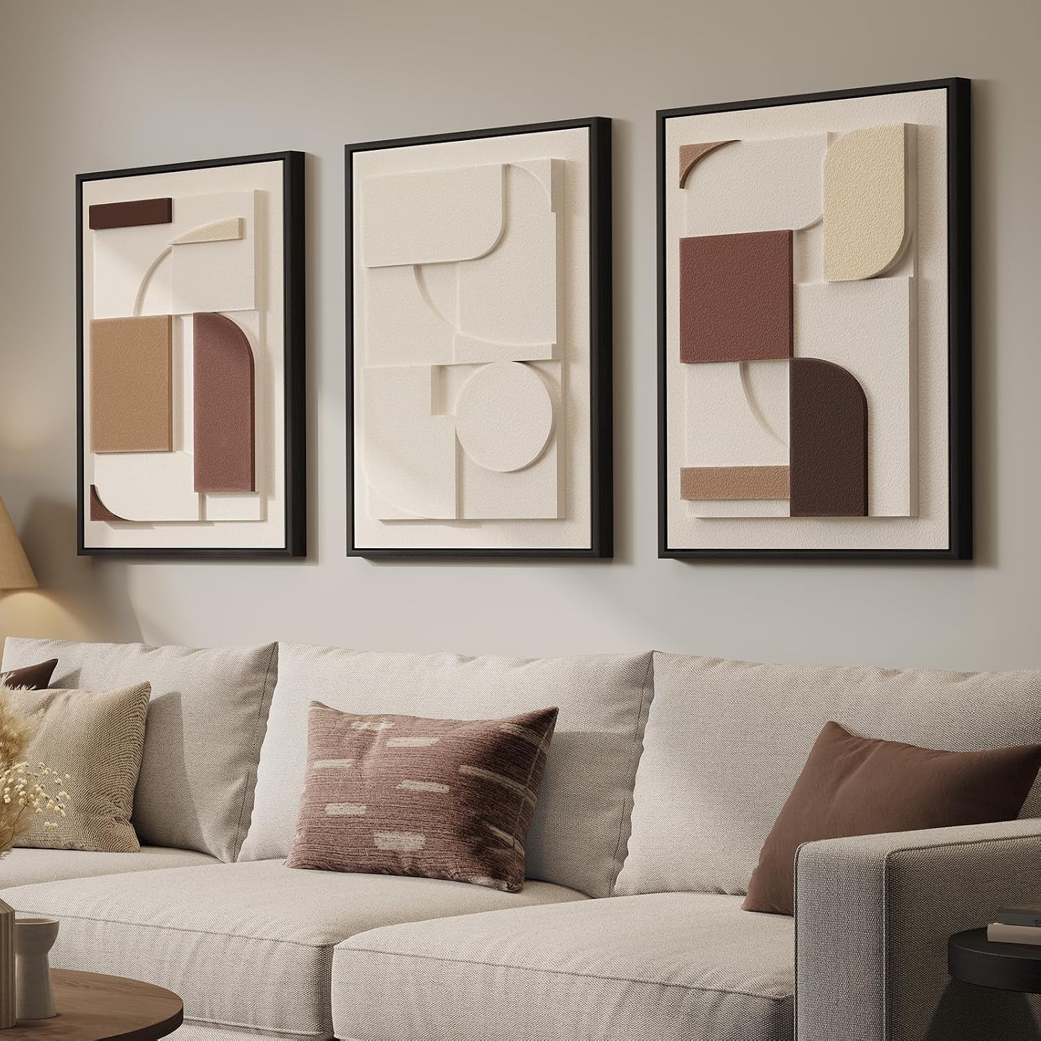 Large 3D Textured Framed Boho Modern Neutral Abstract Wall Art for Living Room, 3 Piece Black White Brown Paintings Artwork for Walls