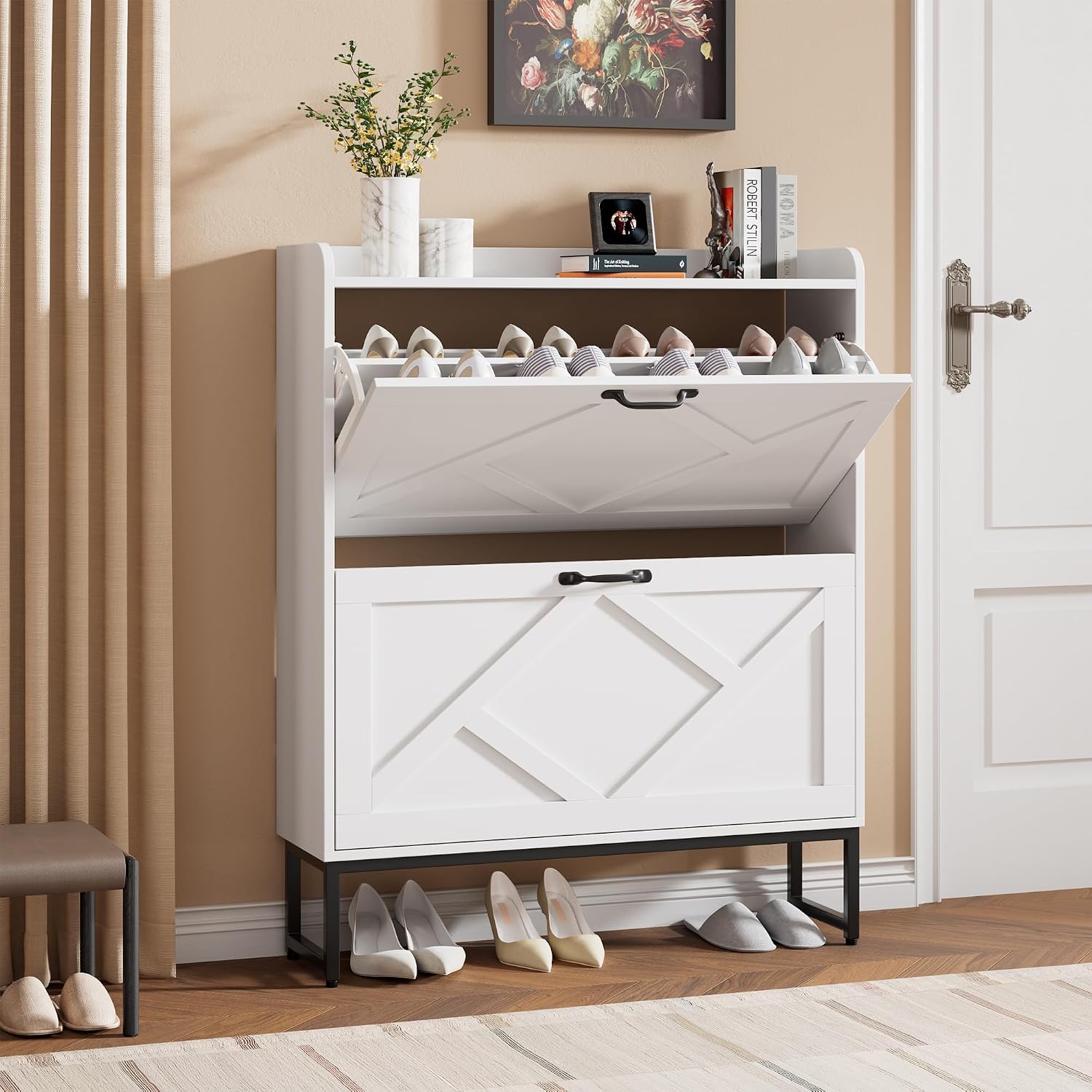Shoe Cabinet with 2 Flip Drawers, Entryway Organizer, Chestnut, Slim Wood Shoe Rack with Metal Legs, Farmhouse Shoe Cabinet Storage for Entryway