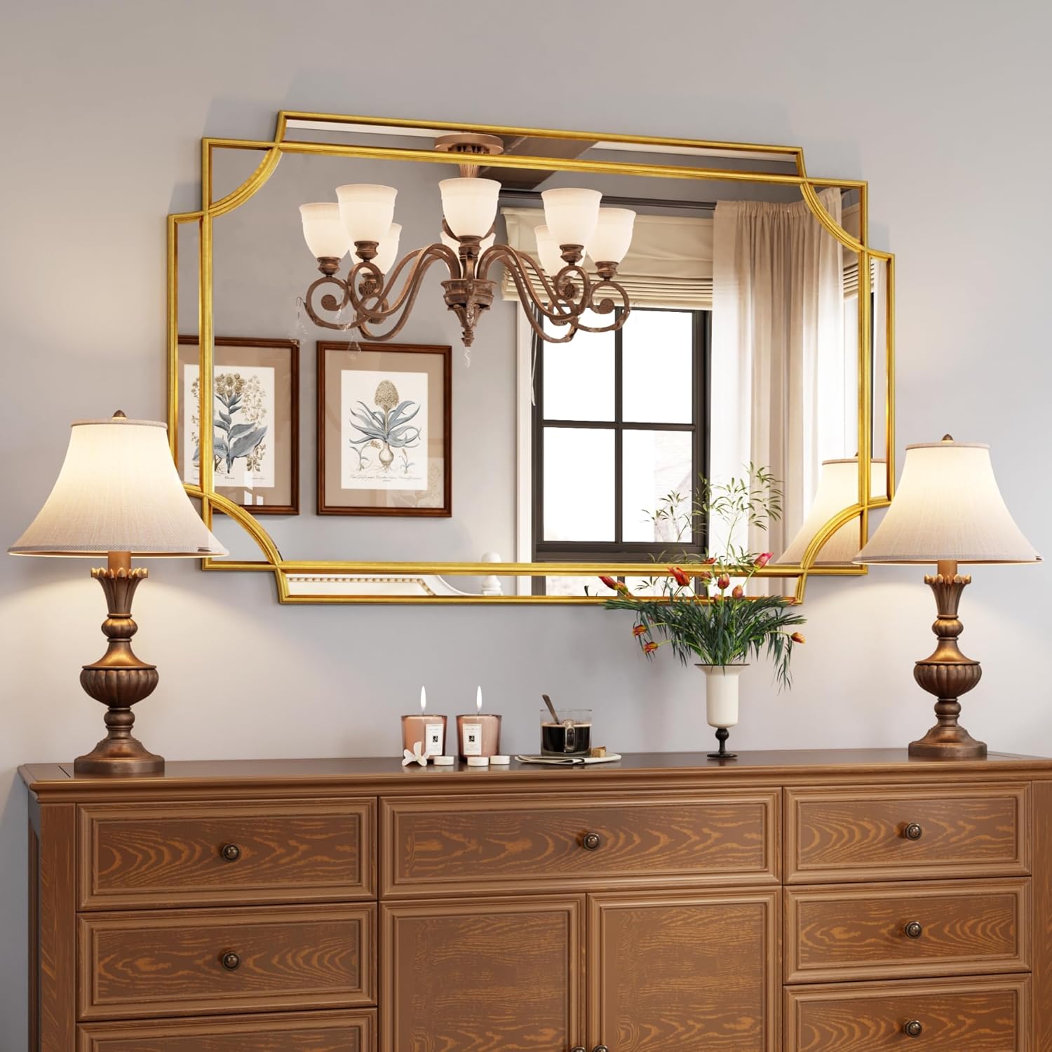 Kelly Miller 24"x48" Gold Foil Scalloped Edge Decorative Vanity Wall Mirror, Hand-Applied Gold Foil Finish. HD Mirror With French Cleat. Elegant