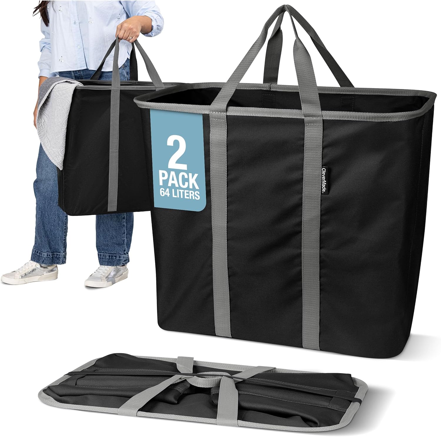 CleverMade Collapsible Laundry Caddy, 64L, 2 Pack, Black Gray, A reinforced rim and base keep it upright for loading. Comfortable handles move up to 2