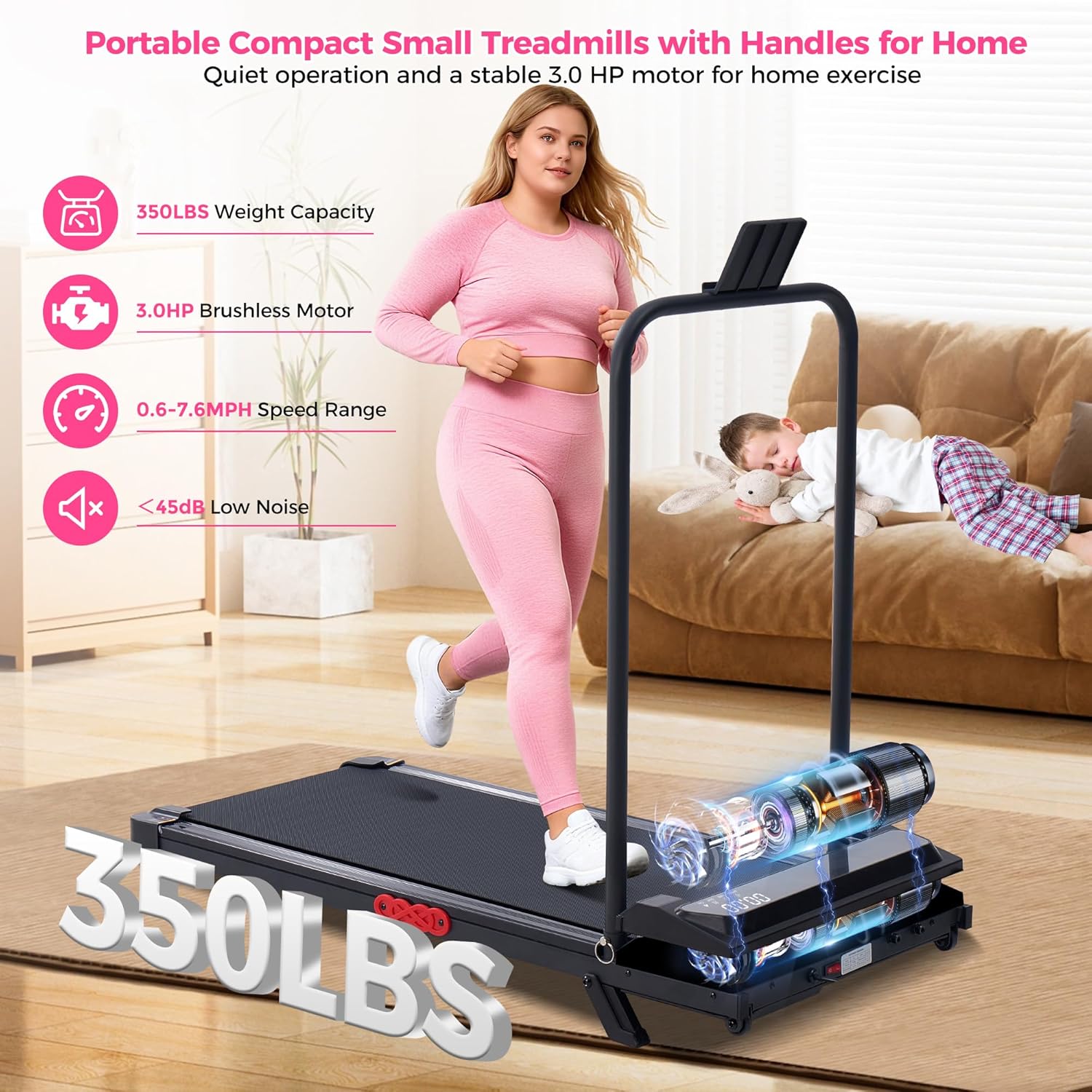 Walking Pad with Incline and Handle Bar, Electric Small Walking Pads Treadmills with Handles, Compact Treadmills for Home Small Spaces, 3.0HP