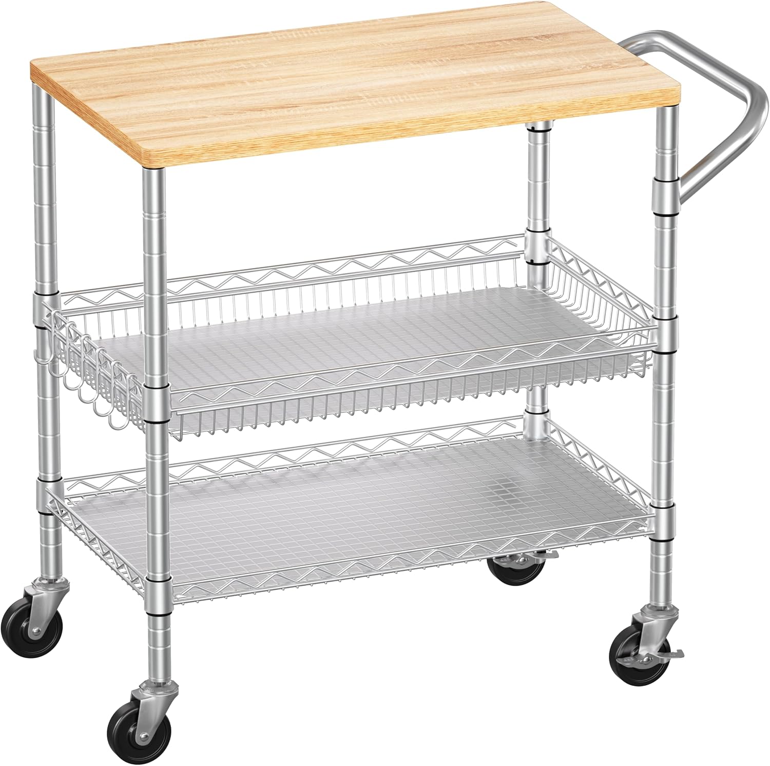 WDT 3 Tier Rolling Kitchen Carts with Wheels, Heavy Duty Rolling Utility Cart with Wood Tabletop, Commercial Grade Metal Cart with Handle and Hooks