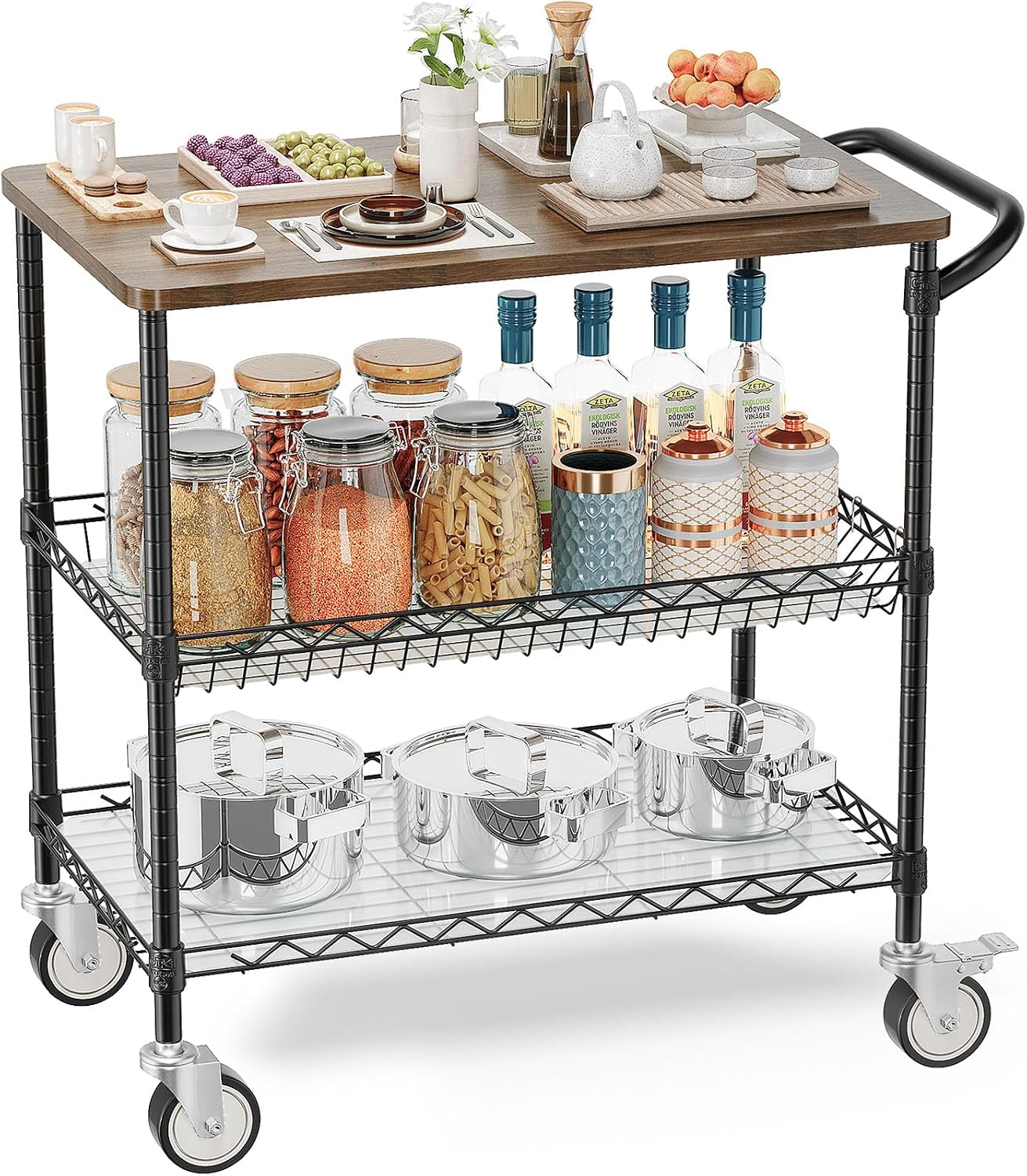 Leteuke Rolling Kitchen Carts with Wheels, 3-Tier Utility Cart with Wood Tabletop, NSF Commercial Metal Serving Cart with Handle and Shelf, Chrome