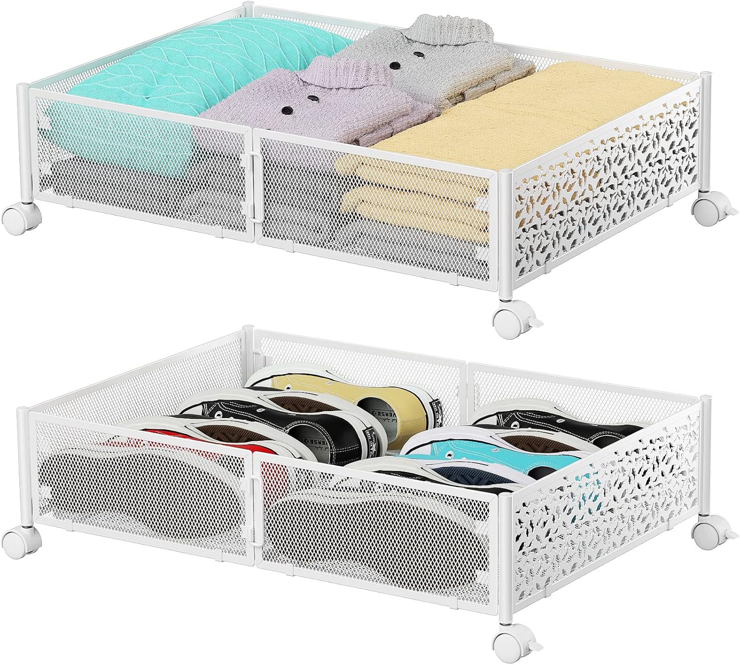 Under Bed Stroage Container with wheels, Patterned, Metal, 2 Pack, Black, Tool-free assembly, glide smoothly, easy reach, foldable