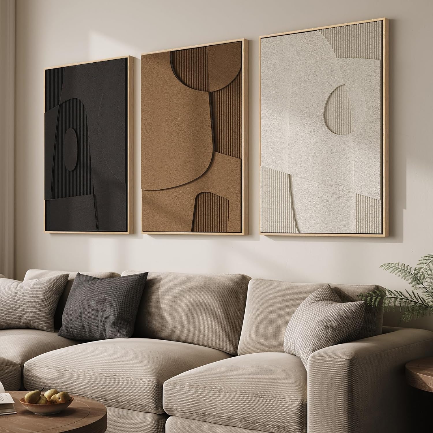 3D Wood Textured Large Neutral Abstract Wall Art, Modern Beige Brown Geometric Paintings Artwork for Walls-Minimalist Wooden Wall Art Decor for Living