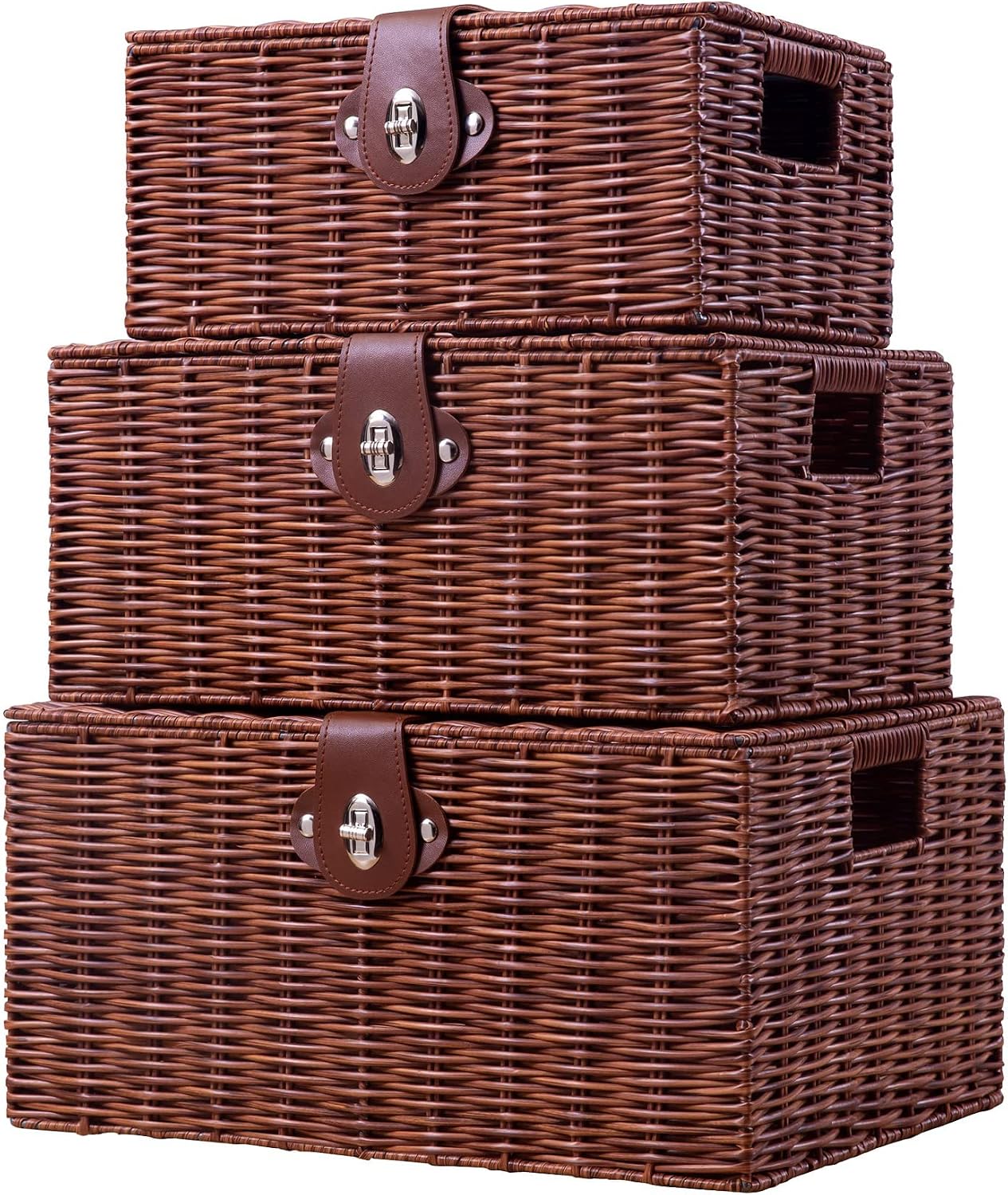 Homepeaz Set of 3 Woven Wicker Storage Basket Box with Lids and Lock, Built-in Carry Handles, Multifunctional Storage Organizer for Nursery, Baby