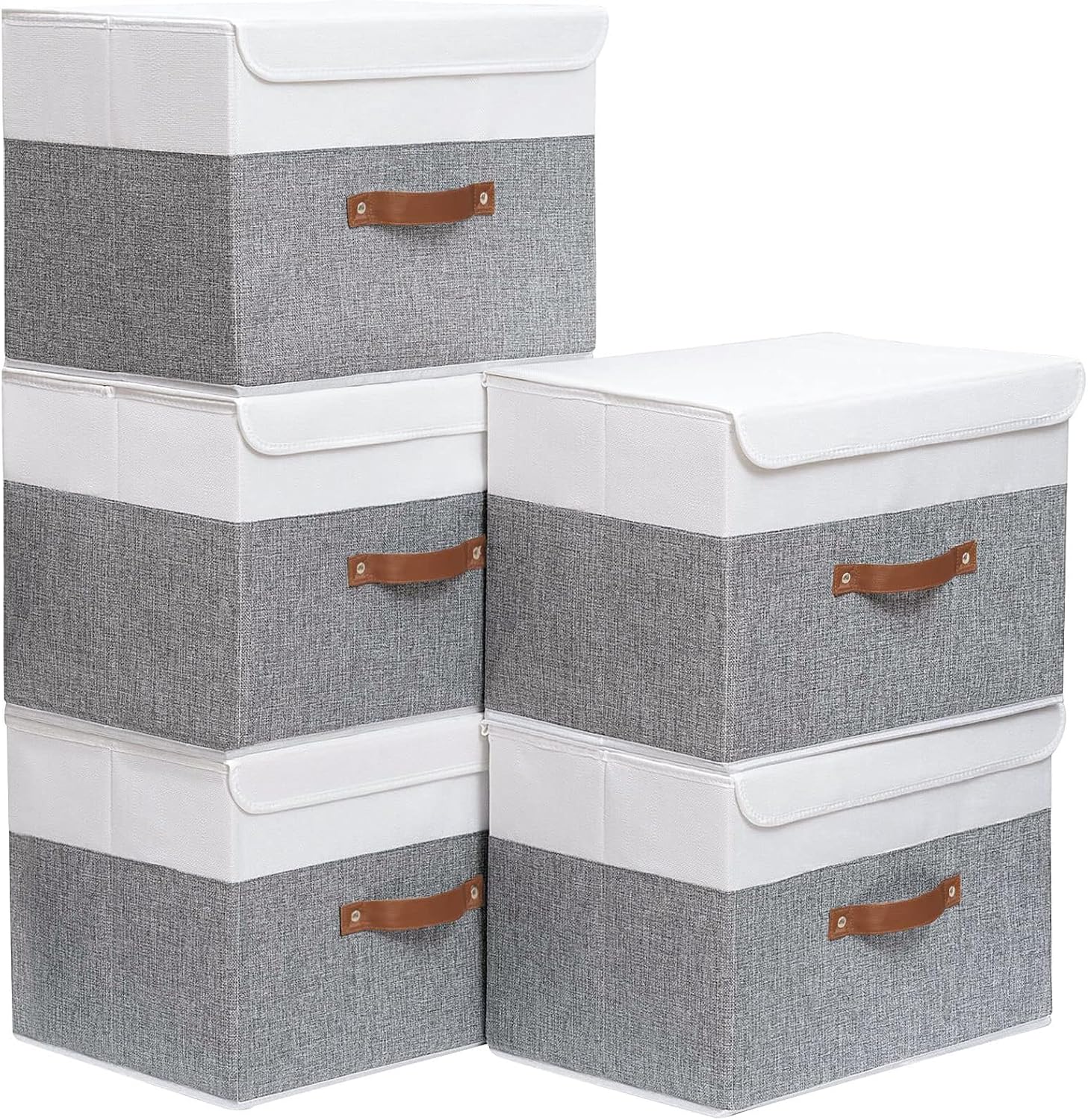 Yawinhe Storage Bins with Lids, Beige, 17.7x11.8x11.8in, 5-Pack, Fabric Container with Leather Handle, Washable Home Basket