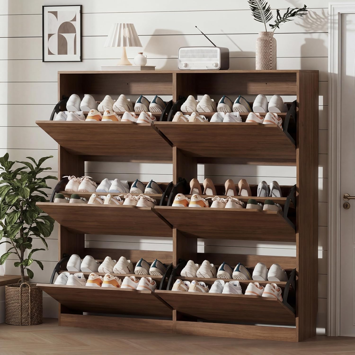 Shoe Storage Cabinet for Entryway with 3 Flip Drawers, Sturdy Wood Hidden Shoe Storage