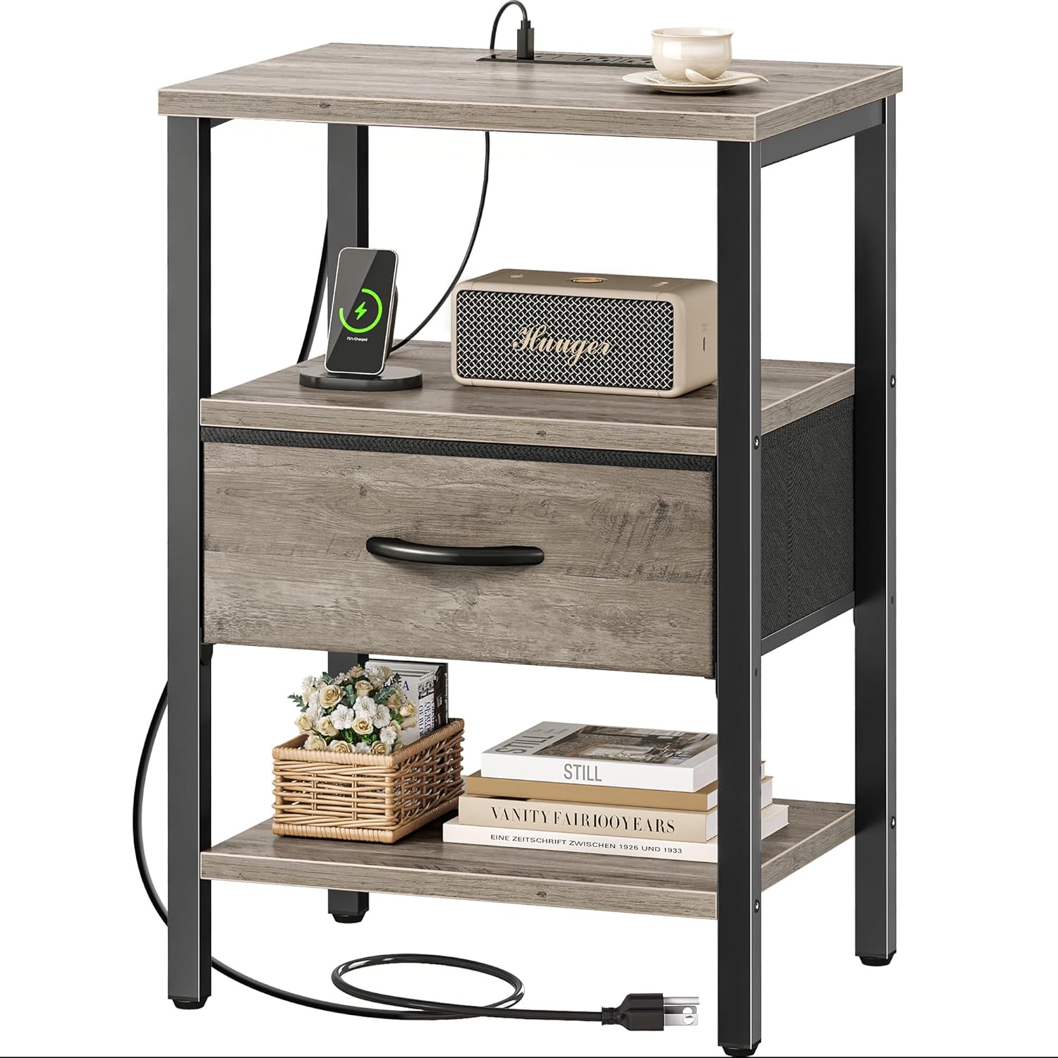 SUPERJARE Nightstand Set of 2, Bed Side Tables with Charging Station, Adjustable Fabric Drawer, Night Stand for Bedroom, 3-Tier Storage End Tables