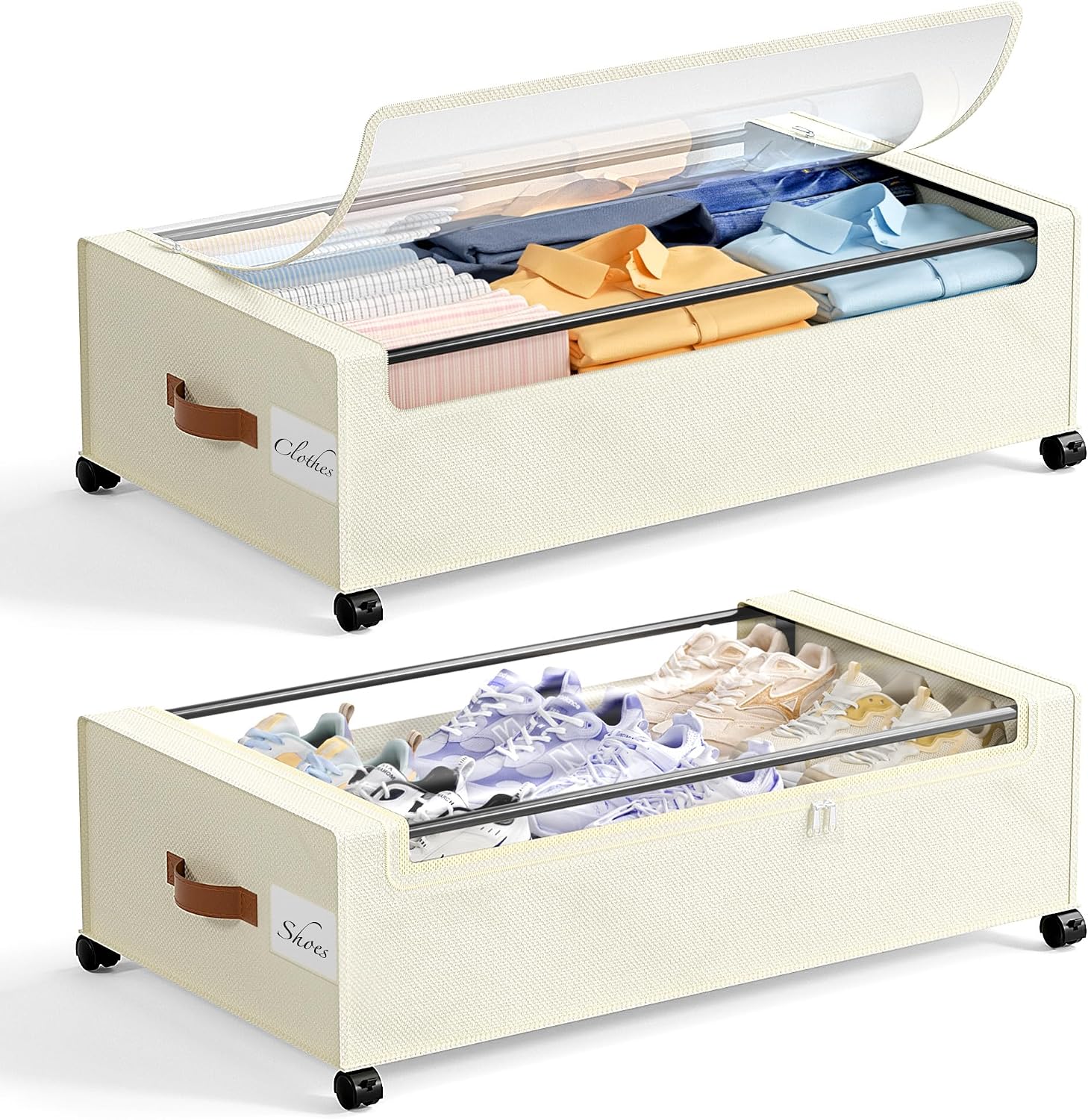 Yecaye Under Bed Storage with Wheels, 2Pack Under Bed Storage Containers, Underbed Shoe Storage Organizer, Rolling Under Bed Metal Drawers for Clothes
