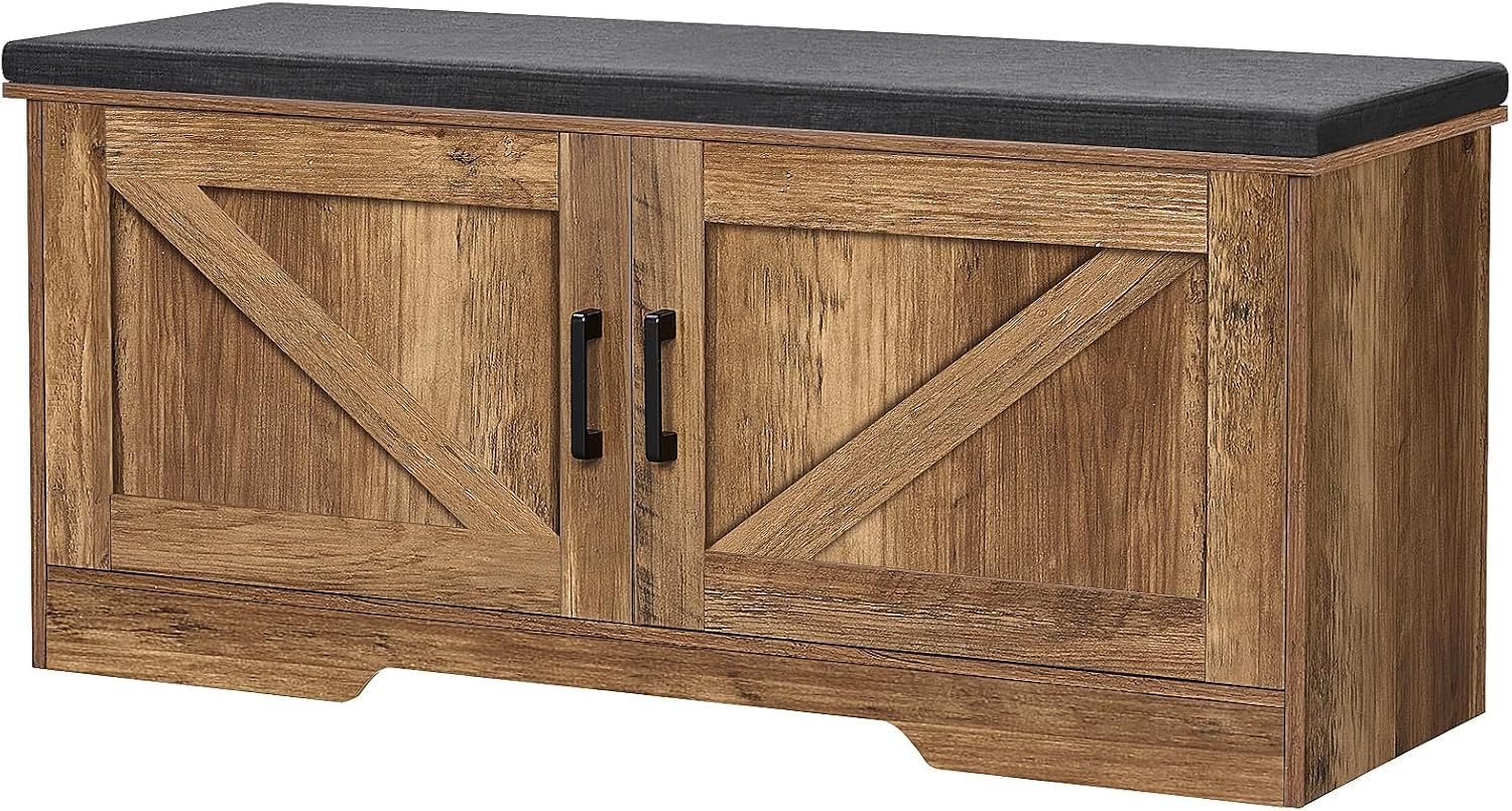 HOMSHO Farmhouse Shoe Storage Bench with 4 Barn Doors and Padded Seat Cushion, 47.2" Wide Entryway Bench with Adjustable Shelves and Hidden Storage