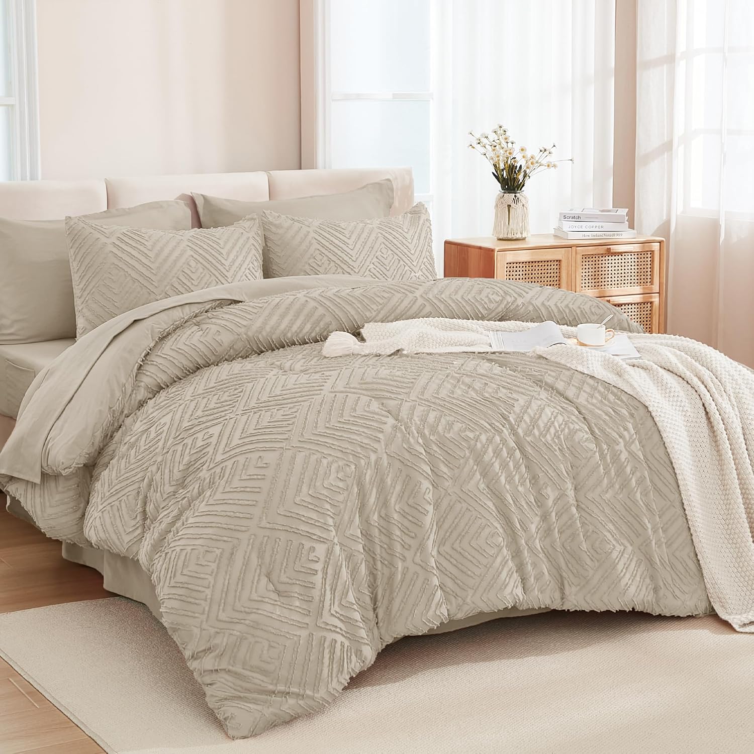 Andency King Size Comforter Set Burnt Orange - 7 Pieces Bed in a Bag King Boho Terracotta Bedding Comforter Sets, Rust Tufted Bed Set with Comforter