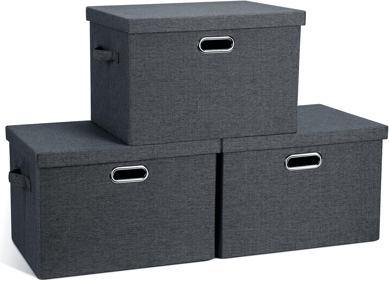 Graciadeco Large Quart Collapsible Stackable Storage Bins with Lids, 3 Packs Beige Linen Fabric Closet Boxes with Lids