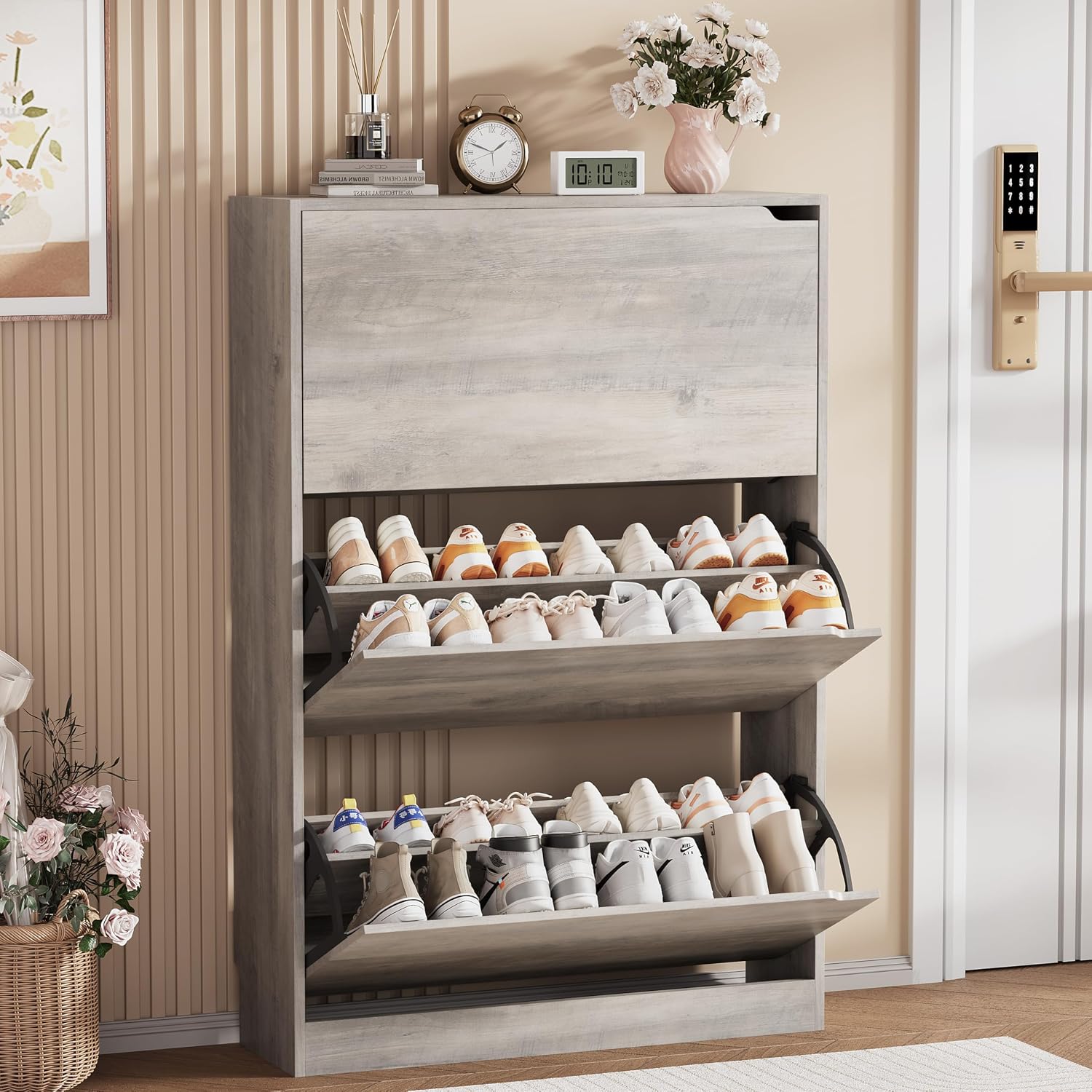 Shoe Storage Cabinet, Wood Shoe Organizer for Entryway with 3 Flip Drawers, Freestanding Shoe Rack with Adjustable Shelf